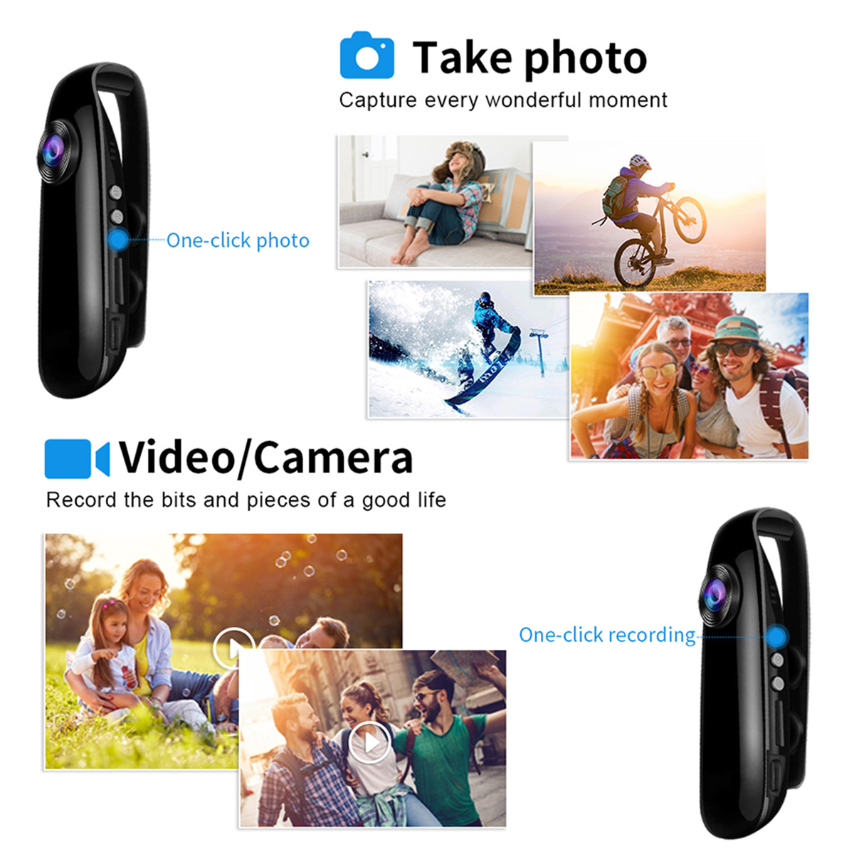 Eine schwarze tragbare Kamera mit Bildbeispielen: Menschen, Sport und Familienmomente. Text: Foto aufnehmen, Video/Kamera, One-Click-Aufnahme.