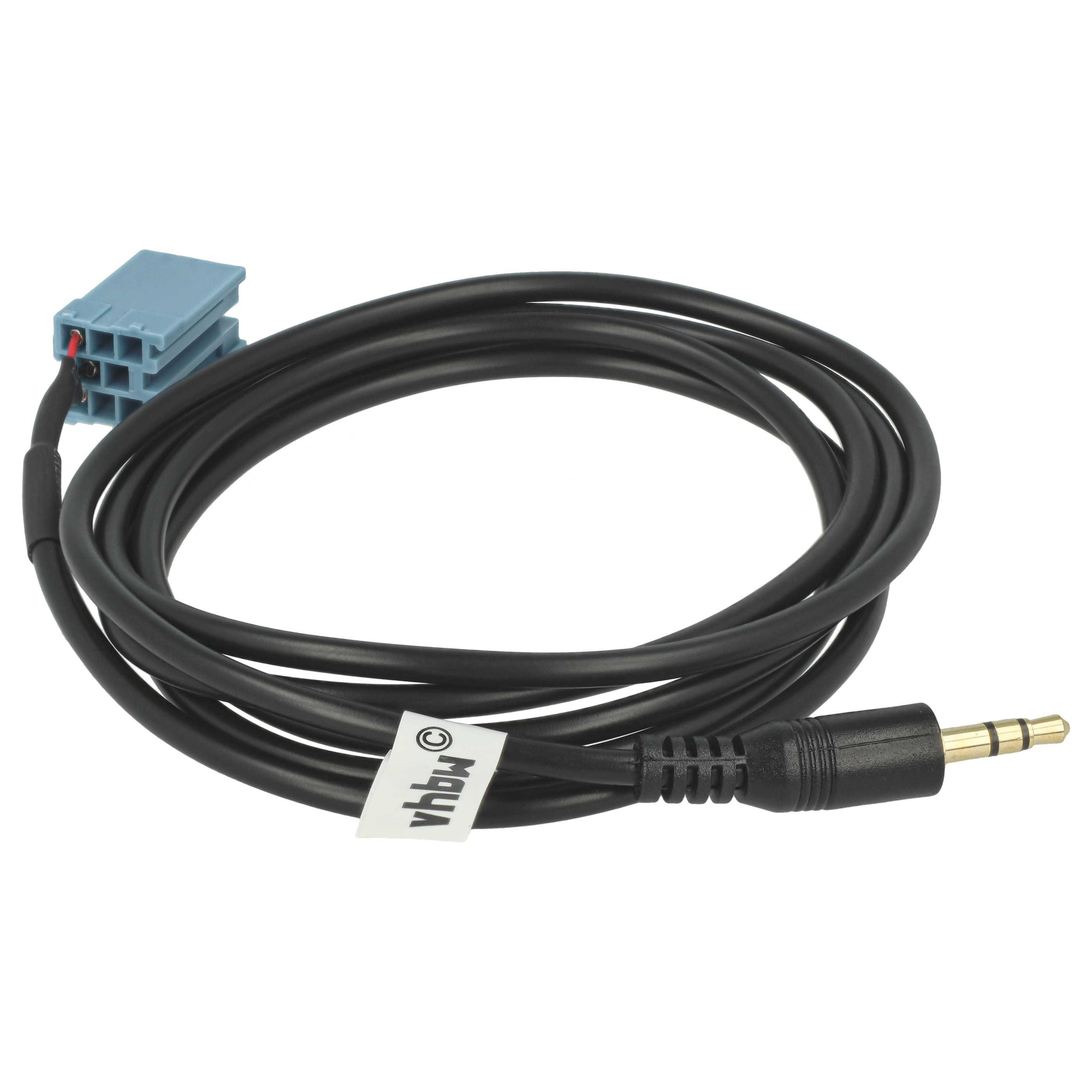 Ein schwarzes Audiokabel mit blauem Stecker und goldfarbener Klinke. Weißer Hintergrund.