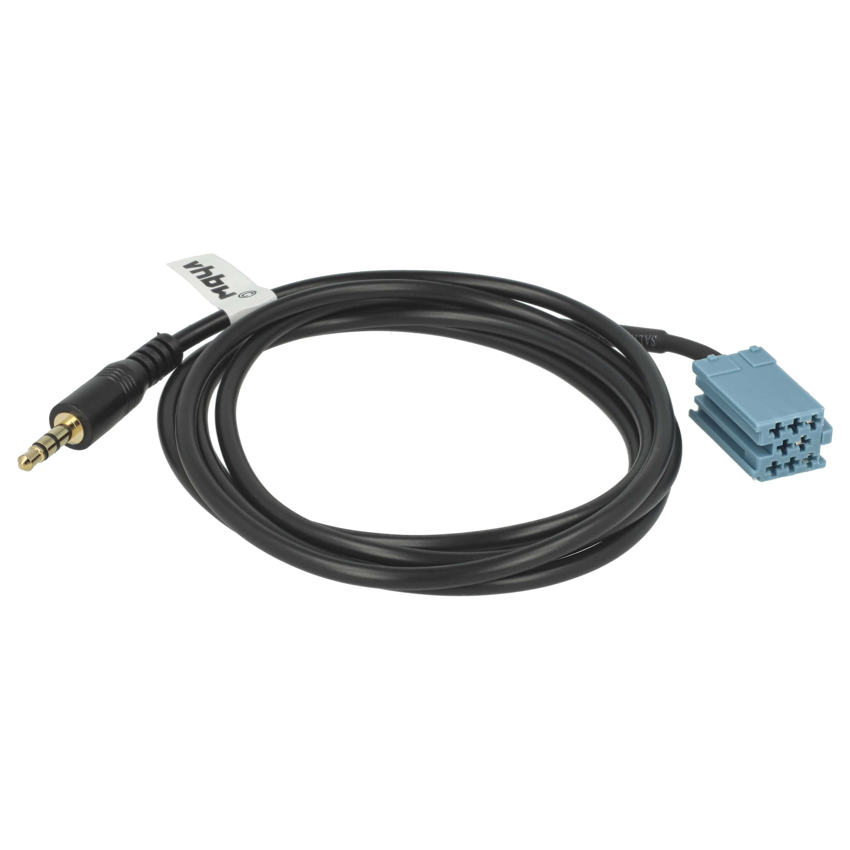 Schwarzes Audiokabel mit 3,5-mm-Klinke an einem Ende und blauem Stecker am anderen Ende. Weißer Hintergrund.