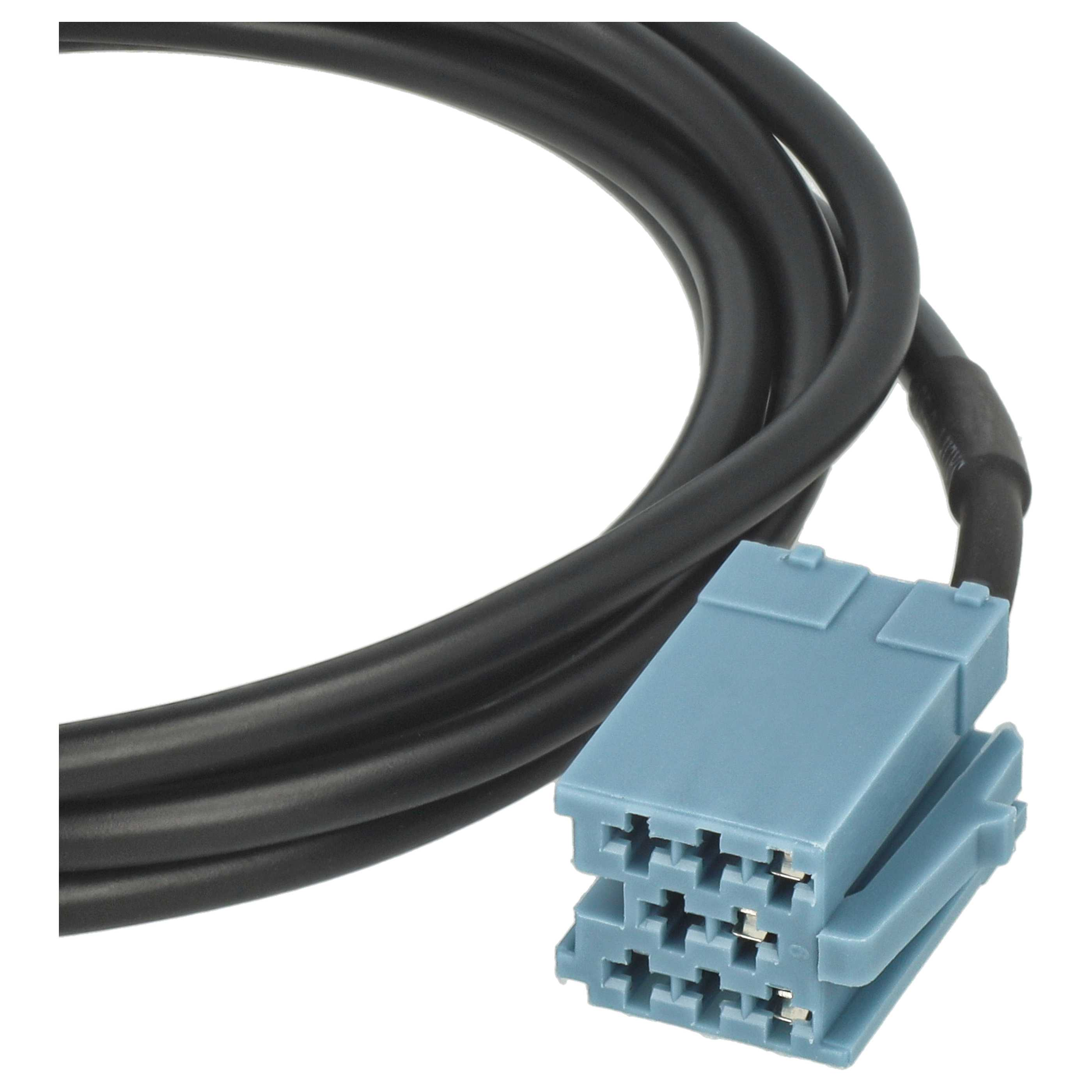 Ein schwarzes Kabel mit einem hellblauen Stecker. Das Kabel ist aufgerollt. Der Stecker hat Stifte.