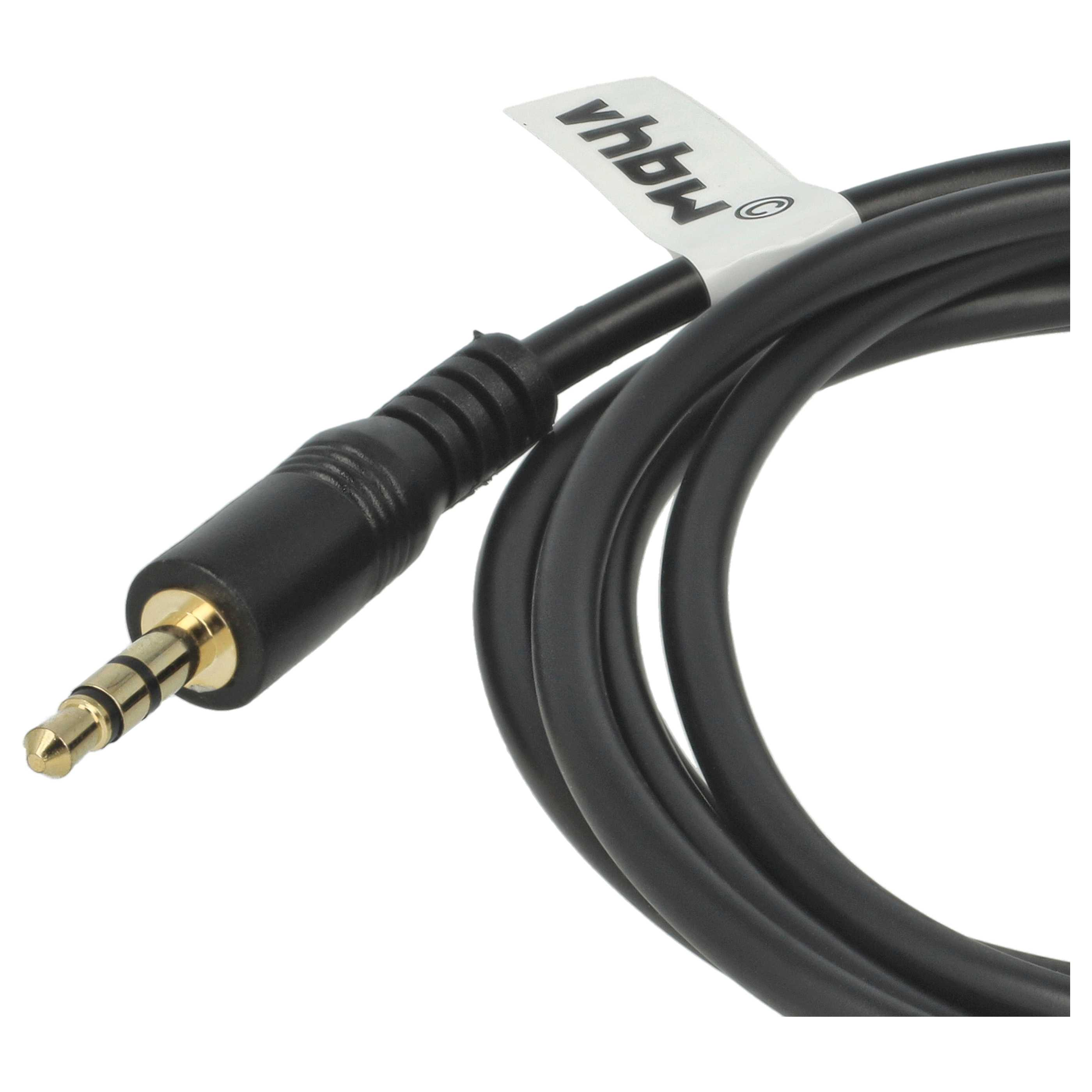 Ein schwarzes Audiokabel mit einem goldfarbenen Klinkenstecker. Ein weißes Etikett mit schwarzem Text ist angebracht.