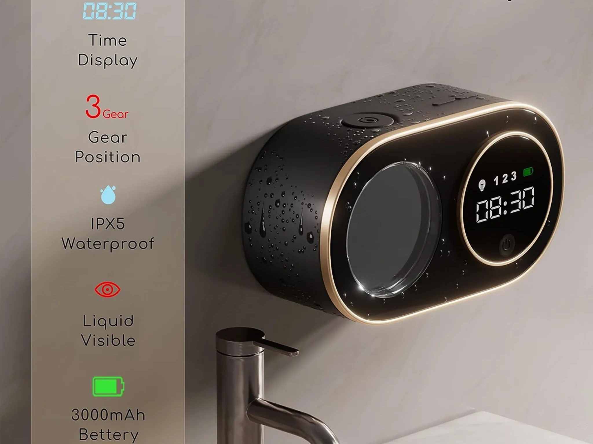 Schwarzer und goldener Seifenspender mit Digitaluhr, die 08:30 anzeigt. Darunter ein Wasserhahn. Text hebt wasserdicht und Batterie hervor.