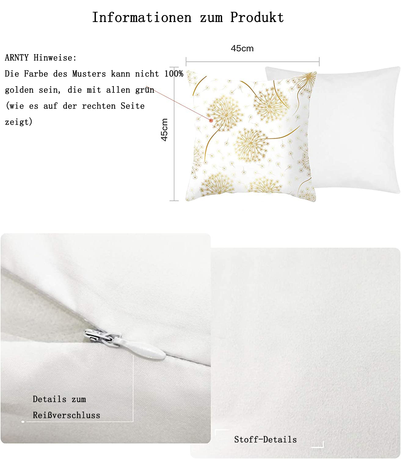 Ein weißes Kissen mit einem Pusteblumenmuster, mit Details eines Reißverschlusses und Stoff gezeigt. Text auf Deutsch, einschließlich Produktinformationen.