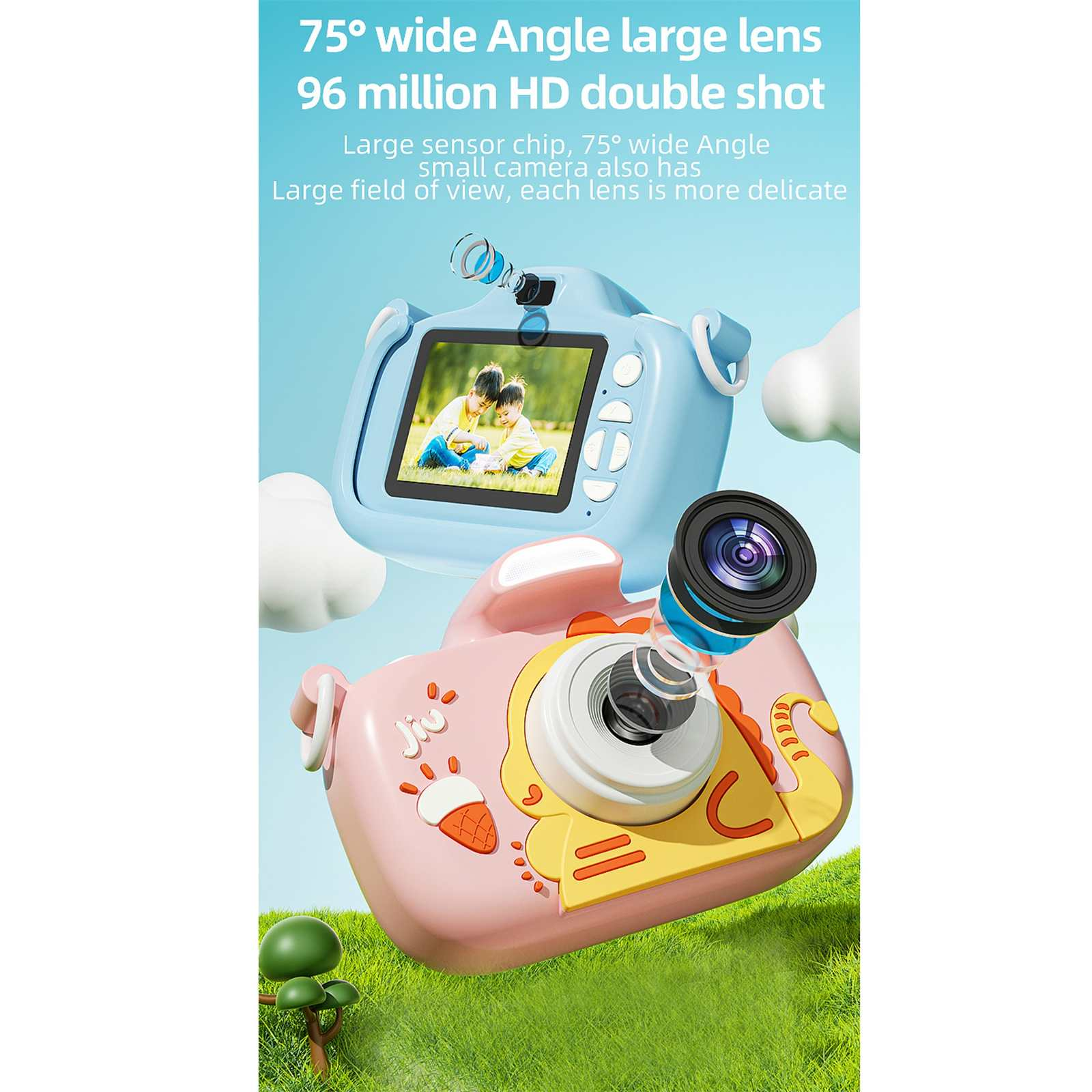 Eine blaue und rosa Spielzeugkamera mit Textüberlagerung, die ein Bild von zwei Kindern zeigt. Linse und Rasen sind sichtbar.
