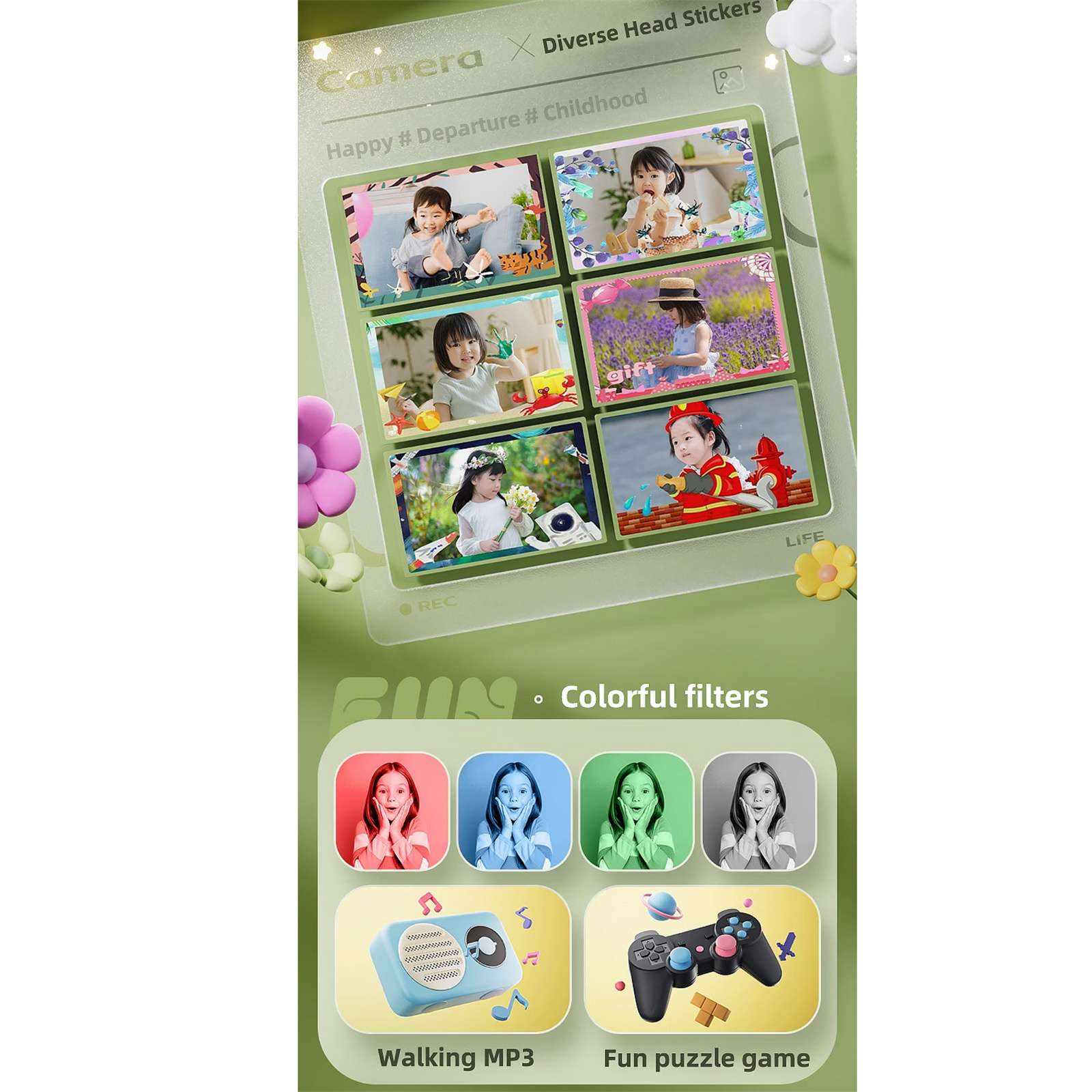 Ein Telefonbildschirm mit Kinderfotos, bunten Filtern und Spielsymbolen. Text: Kamera, Spaß, Walking MP3, Fun Puzzle Game.
