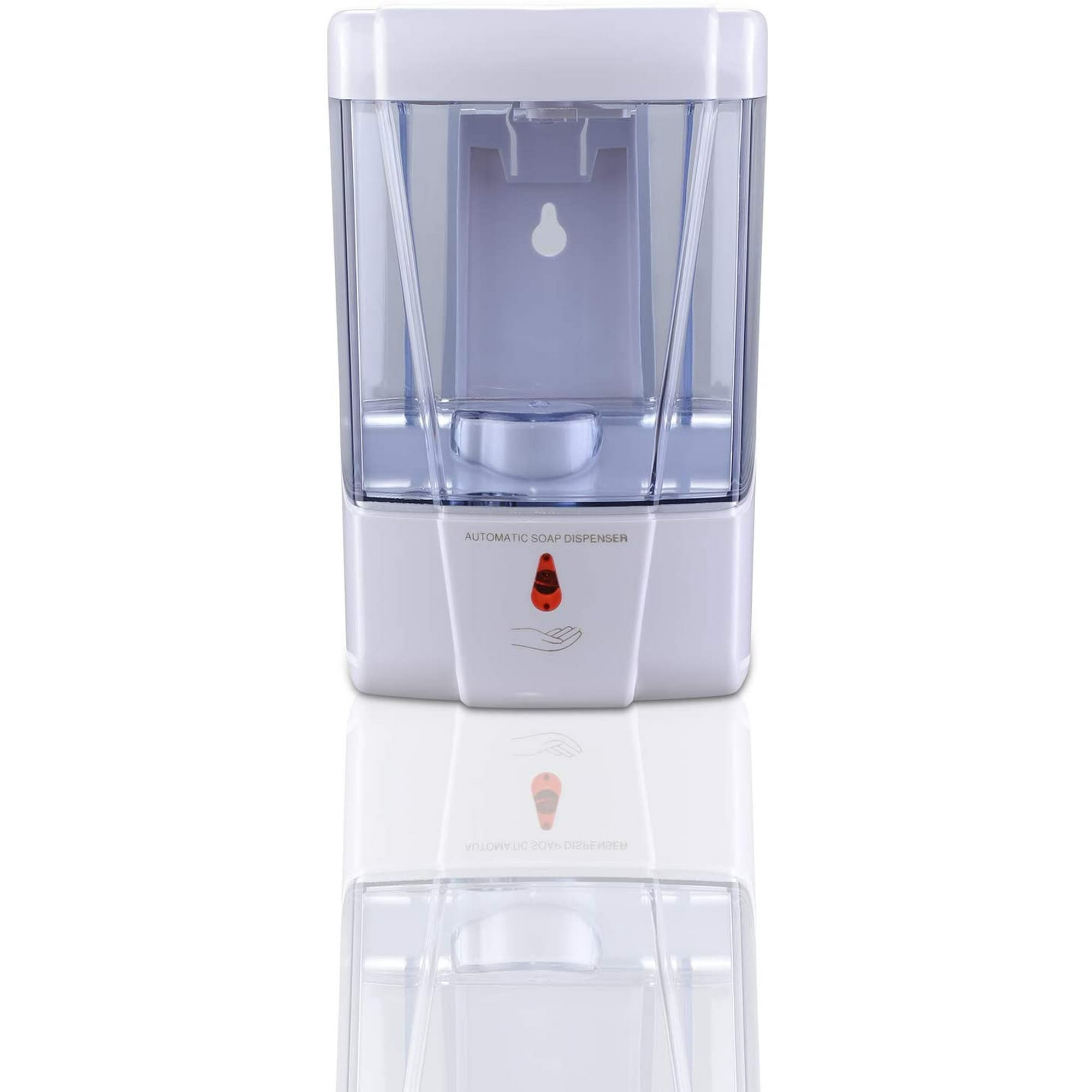 Weißer automatischer Seifenspender. Roter Sensor und Handsymbol. Klarer Flüssigkeitsbehälter. Spiegelung unten.