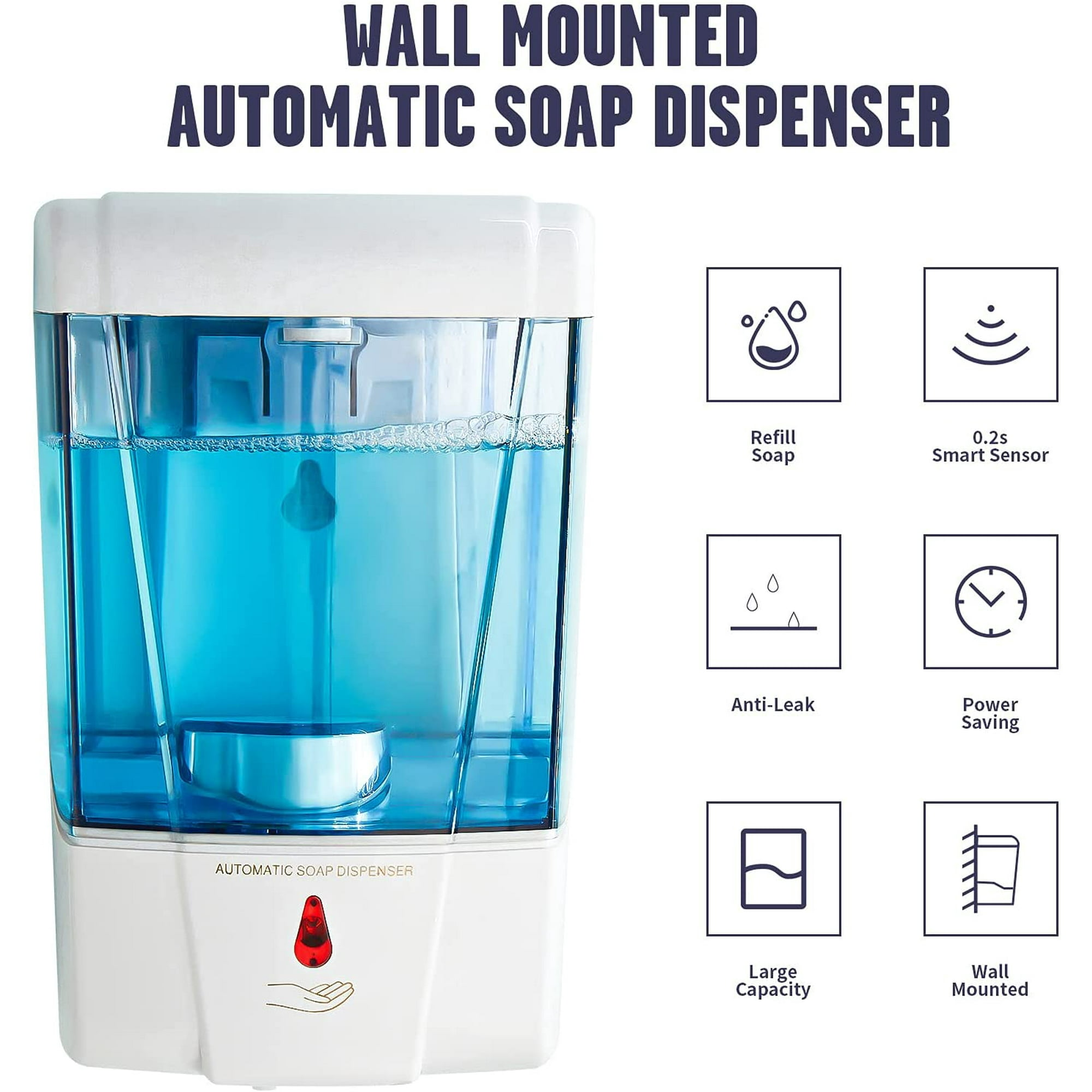 Ein wandmontierter automatischer Seifenspender. Zu den Merkmalen gehören ein intelligenter Sensor, Auslaufschutz, Energiesparen, große Kapazität und einfache Wandmontage.
