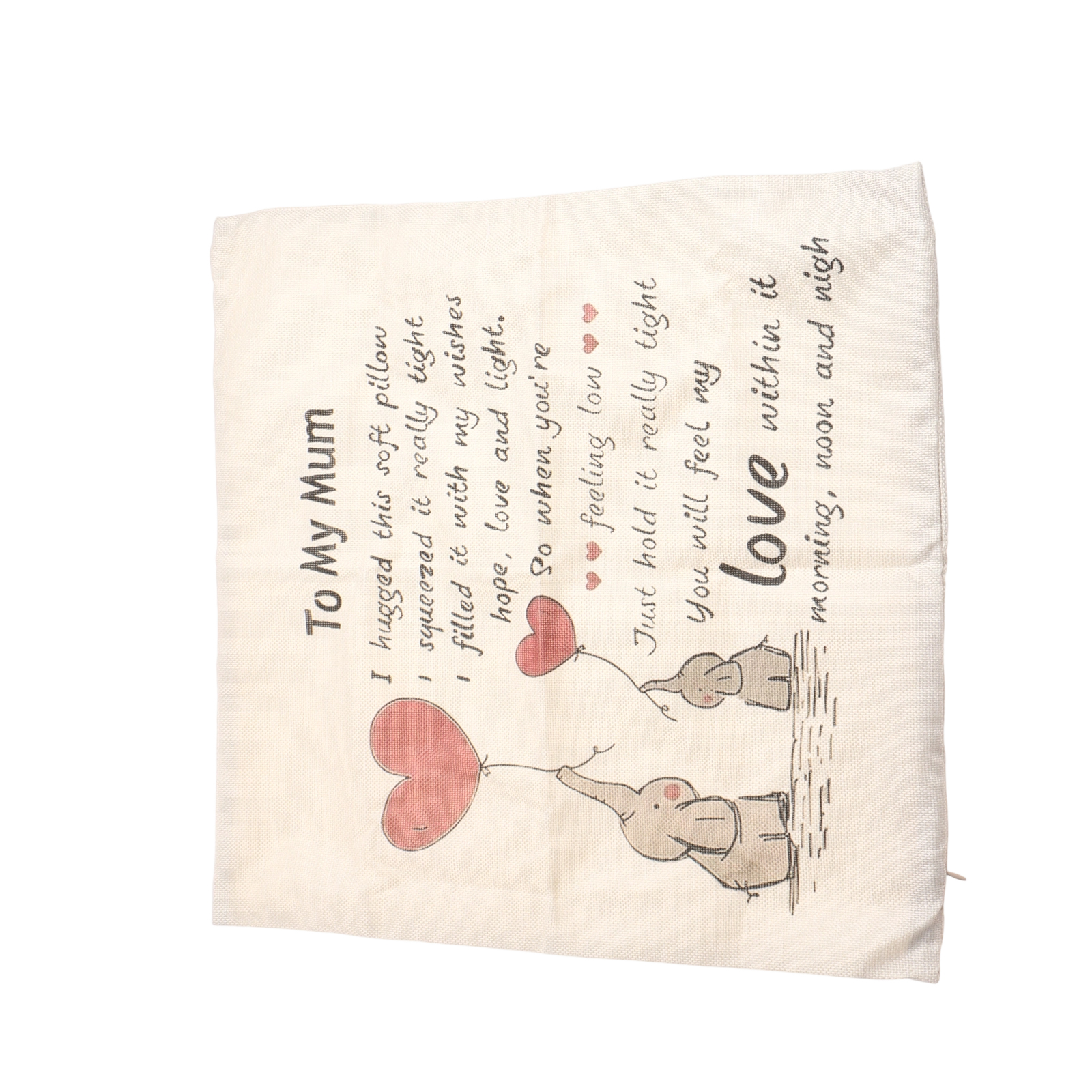 Ein Kissen mit dem Text 'To My Mum', Zeichnungen von Elefanten, die Herzballons halten. Der Text enthält 'Liebe' und 'Wünsche'.