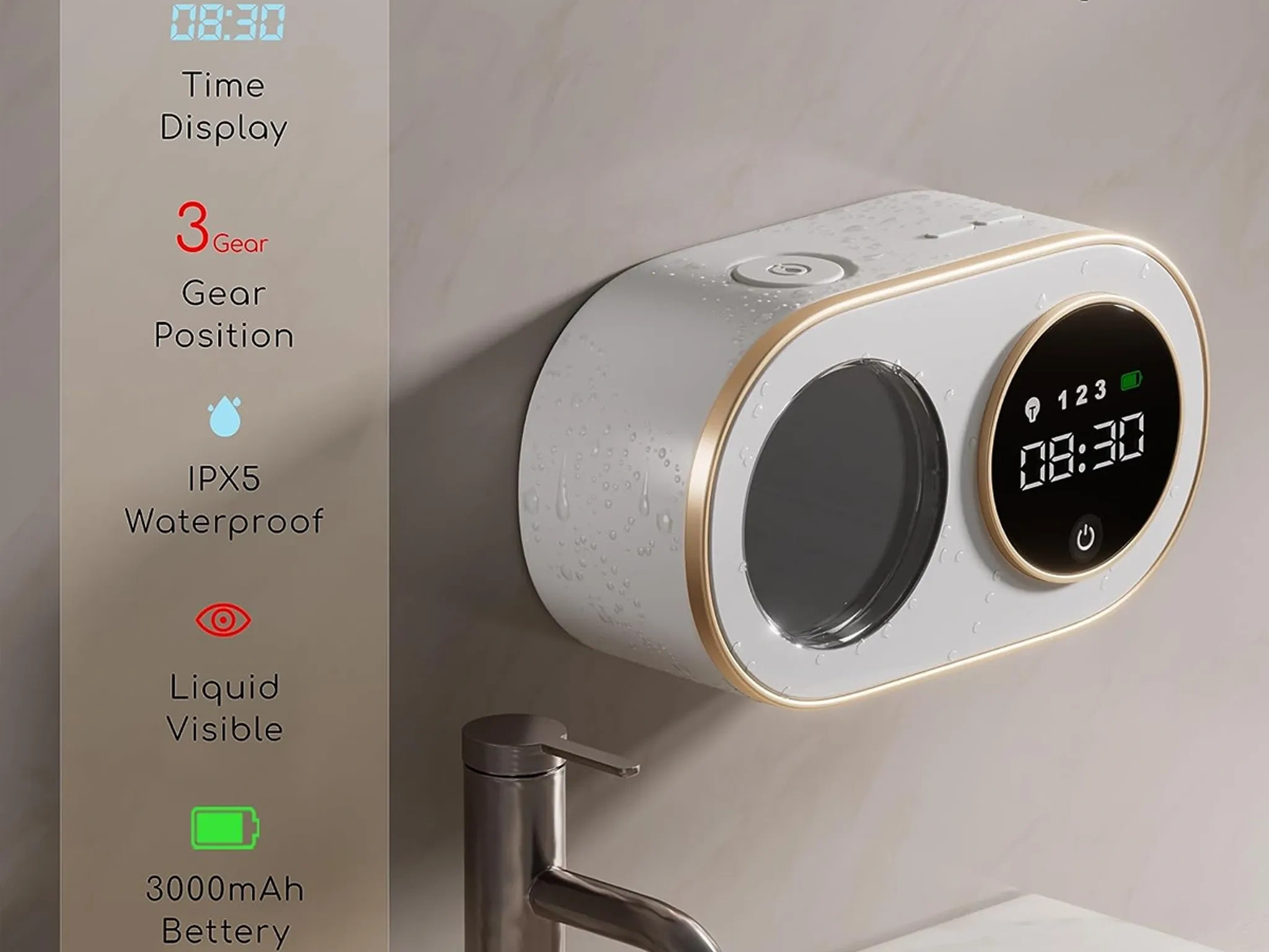Ein weißes und goldenes Gerät mit Digitalanzeige, die 08:30 anzeigt. Es ist an einer Wand in der Nähe eines Wasserhahns montiert.