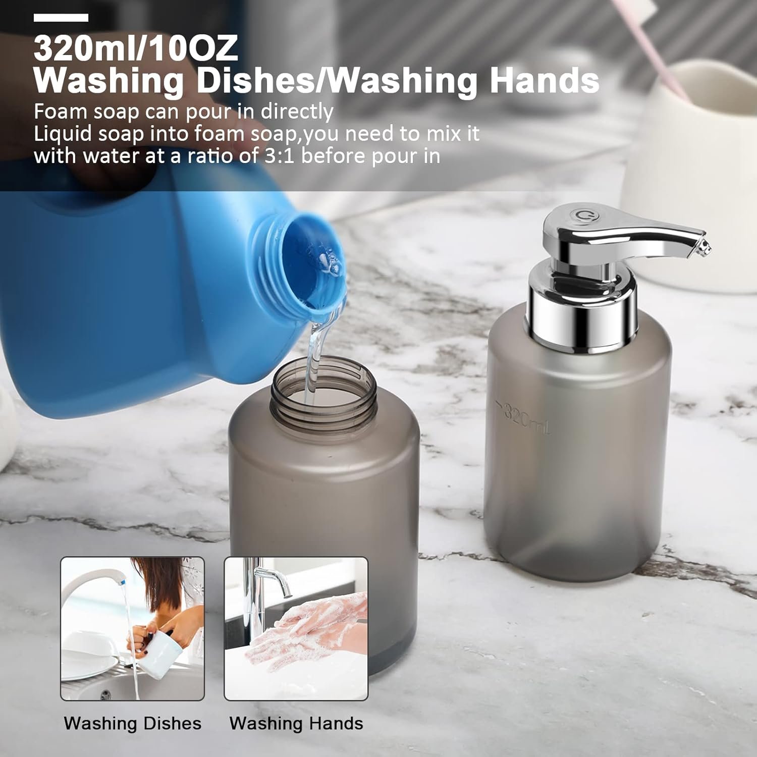 Ein blauer Behälter gießt Flüssigkeit in einen grauen Seifenspender. Kleine Bilder zeigen Geschirrspülen und Händewaschen. Text lautet 320ml/10OZ.