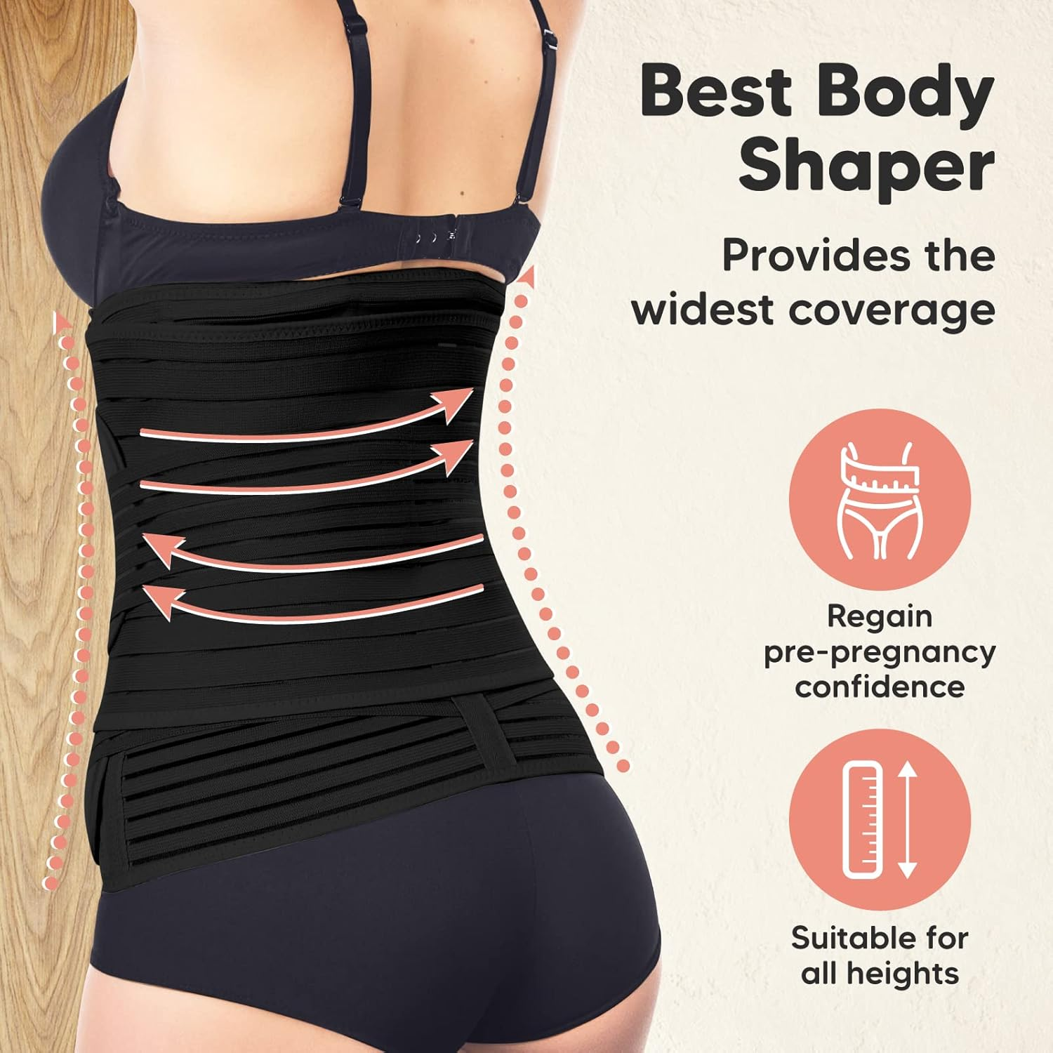 Frau mit schwarzem Bodyshaper. Text lautet 'Bester Body Shaper'. Bietet die breiteste Abdeckung. Für alle Größen geeignet.