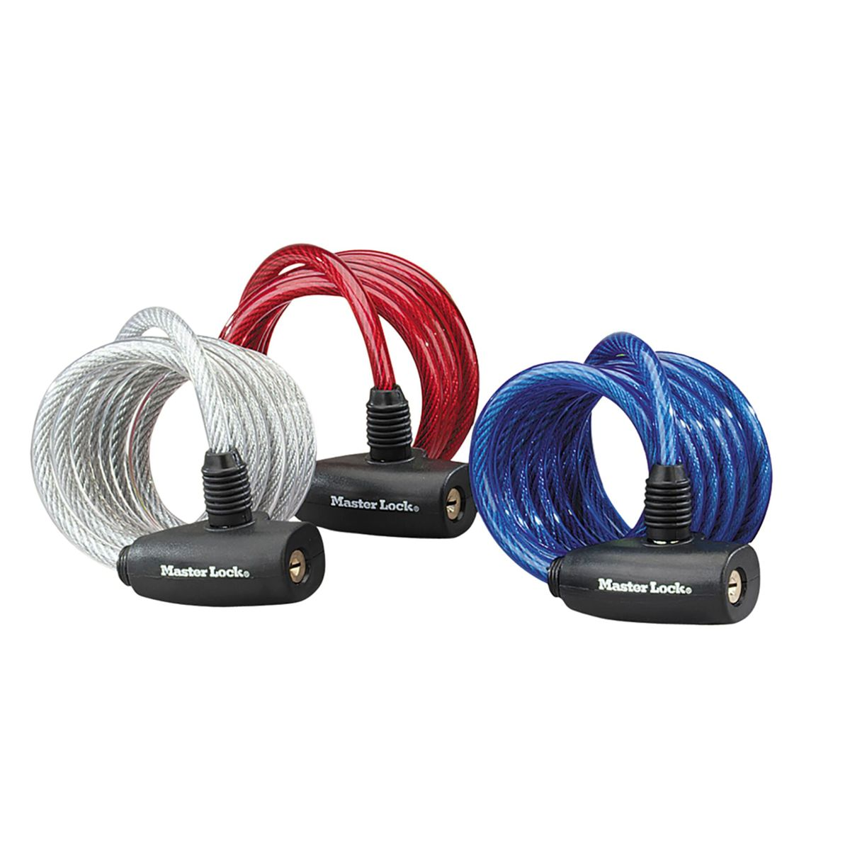 Drei Master Lock Kabelschlösser in Silber, Rot und Blau. Jedes hat einen schwarzen Schlosskopf und ein gewendeltes Kabel.
