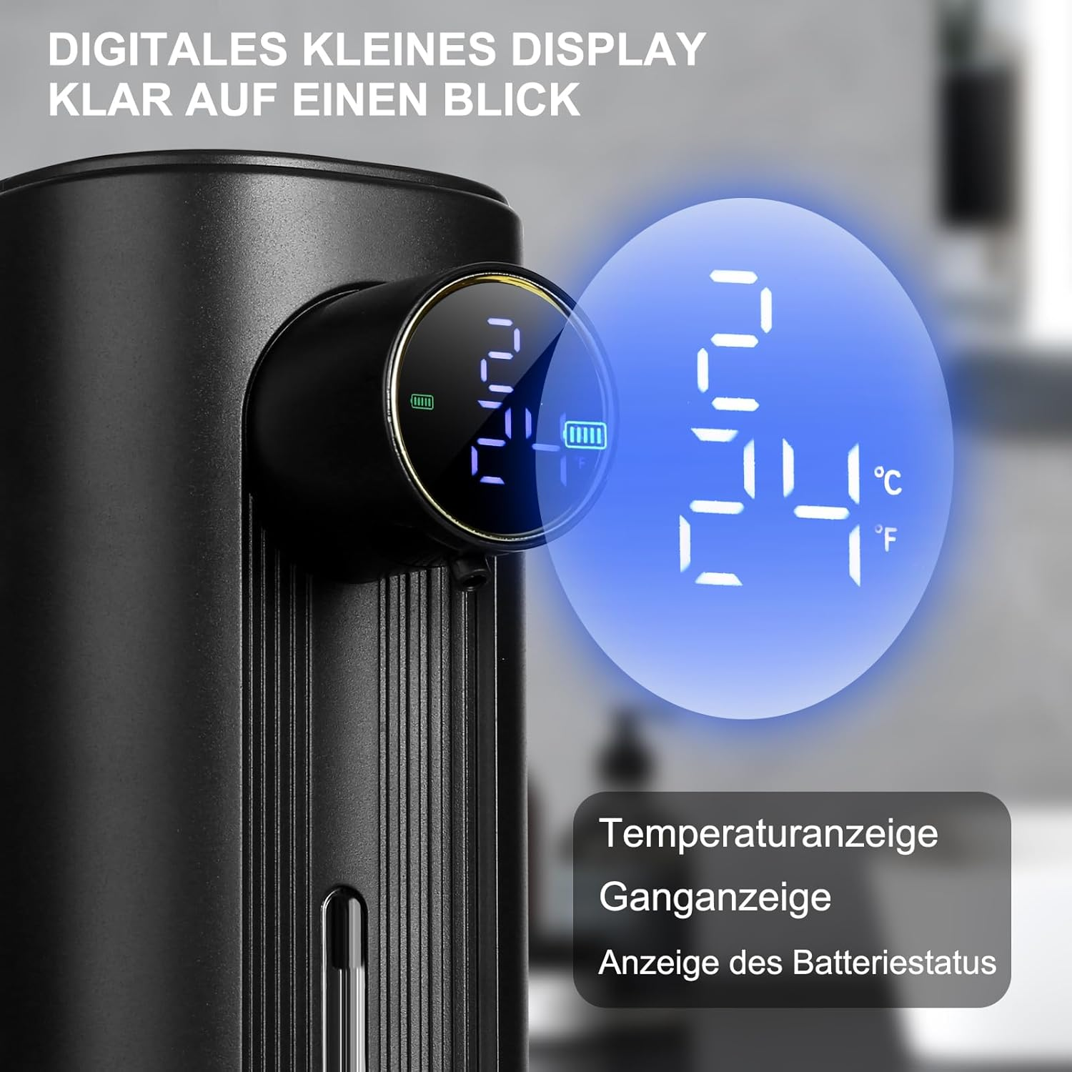 Ein schwarzes Gerät mit Digitalanzeige, die 24 Grad anzeigt. Textlabels zeigen Temperatur, Gang und Batteriestatus an.