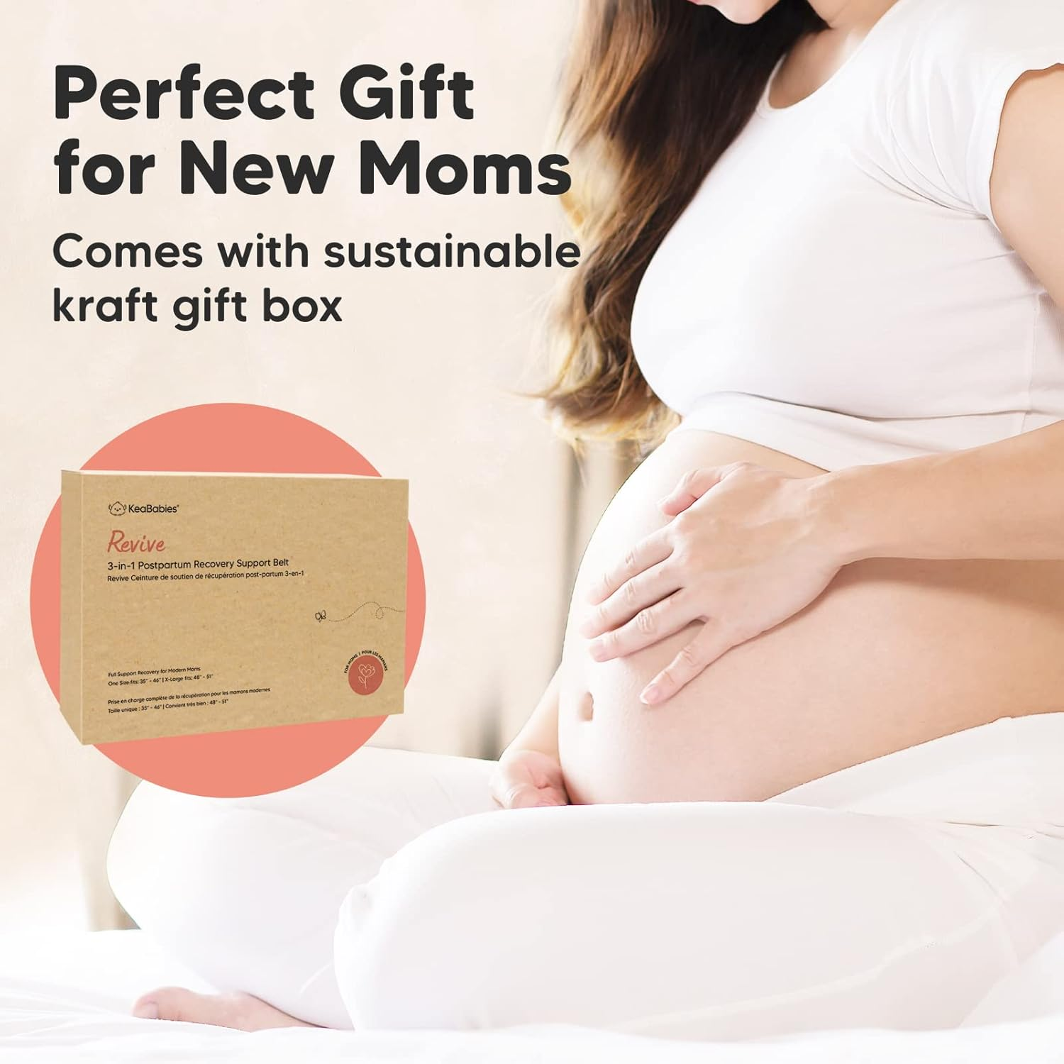Schwangere Frau hält Bauch, Geschenkbox für junge Mütter mit Text 'Perfektes Geschenk'. Auf der Box steht 'Revive' 3-in-1-Postpartum-Stützgürtel.