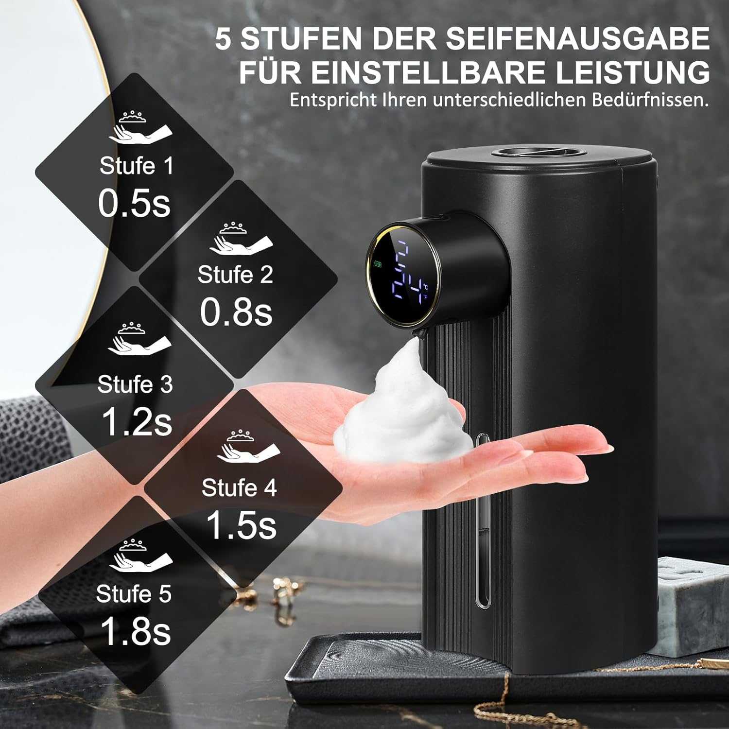 Ein schwarzer Seifenspender gibt Schaum auf eine Hand ab. Das Bild zeigt Einstellungen für die Ausgabedauer und eine Digitalanzeige.