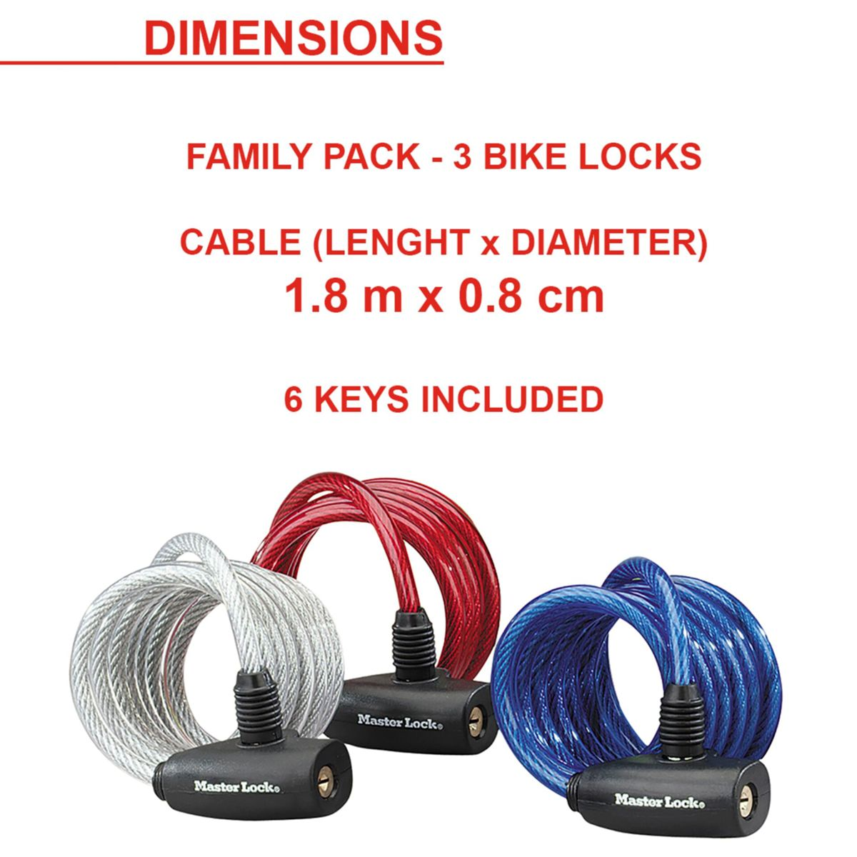 Drei Fahrradschlösser mit unterschiedlich farbigen Kabeln: Silber, Rot und Blau. Text erwähnt 'Family Pack', Abmessungen und '6 Schlüssel enthalten'.