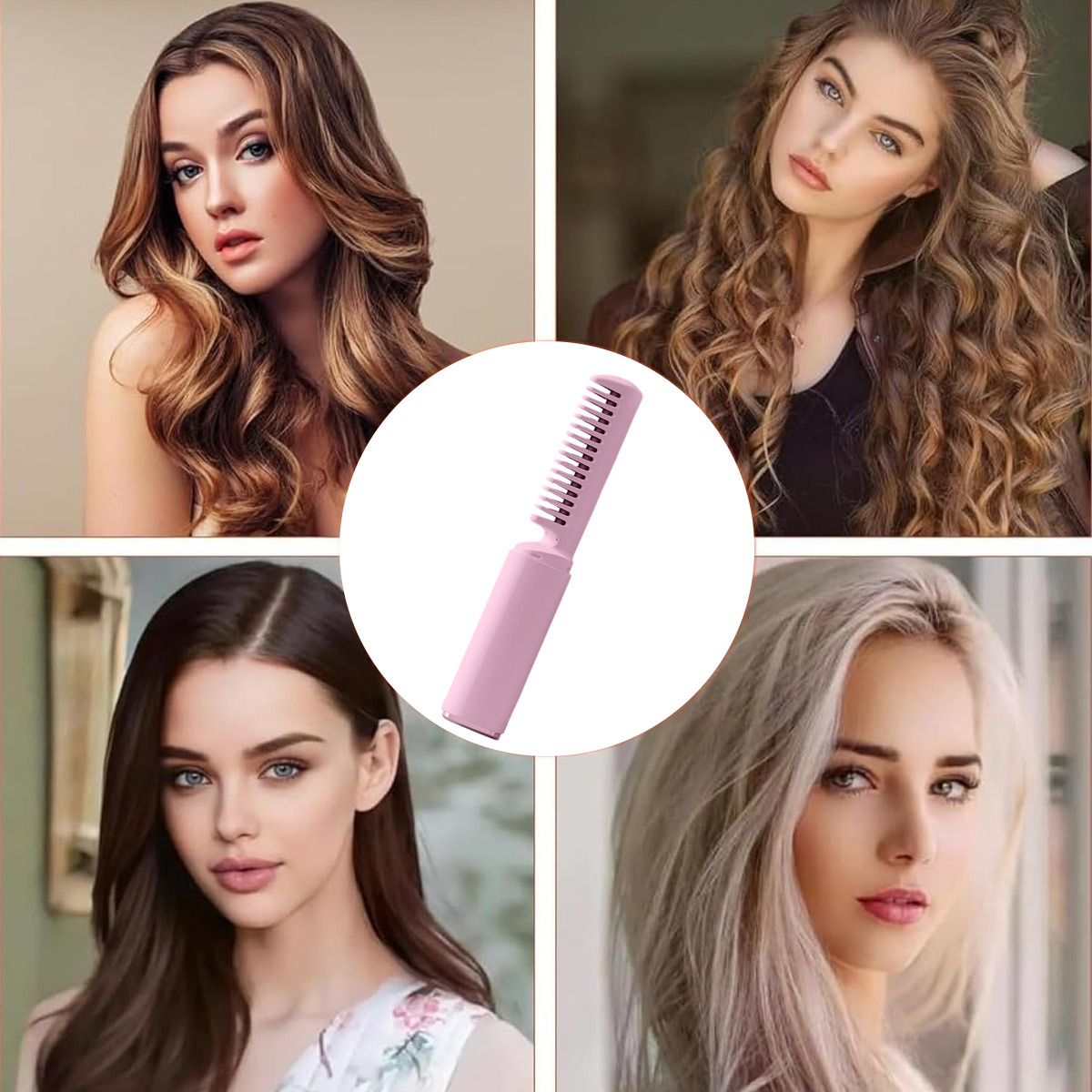Ein rosa Haarkamm in der Mitte, umgeben von vier Porträts von Frauen mit verschiedenen Haarfarben und -stilen.