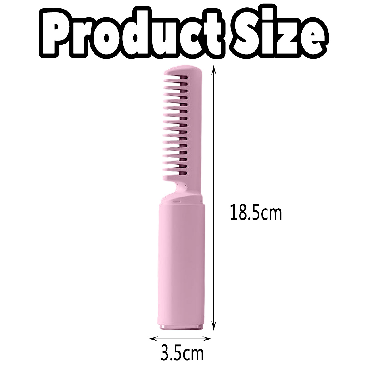 Ein pinkfarbener Haarkamm mit den Maßen: 18,5 cm hoch, 3,5 cm breit. Text 'Produktgröße' in fetten schwarzen Buchstaben oben.
