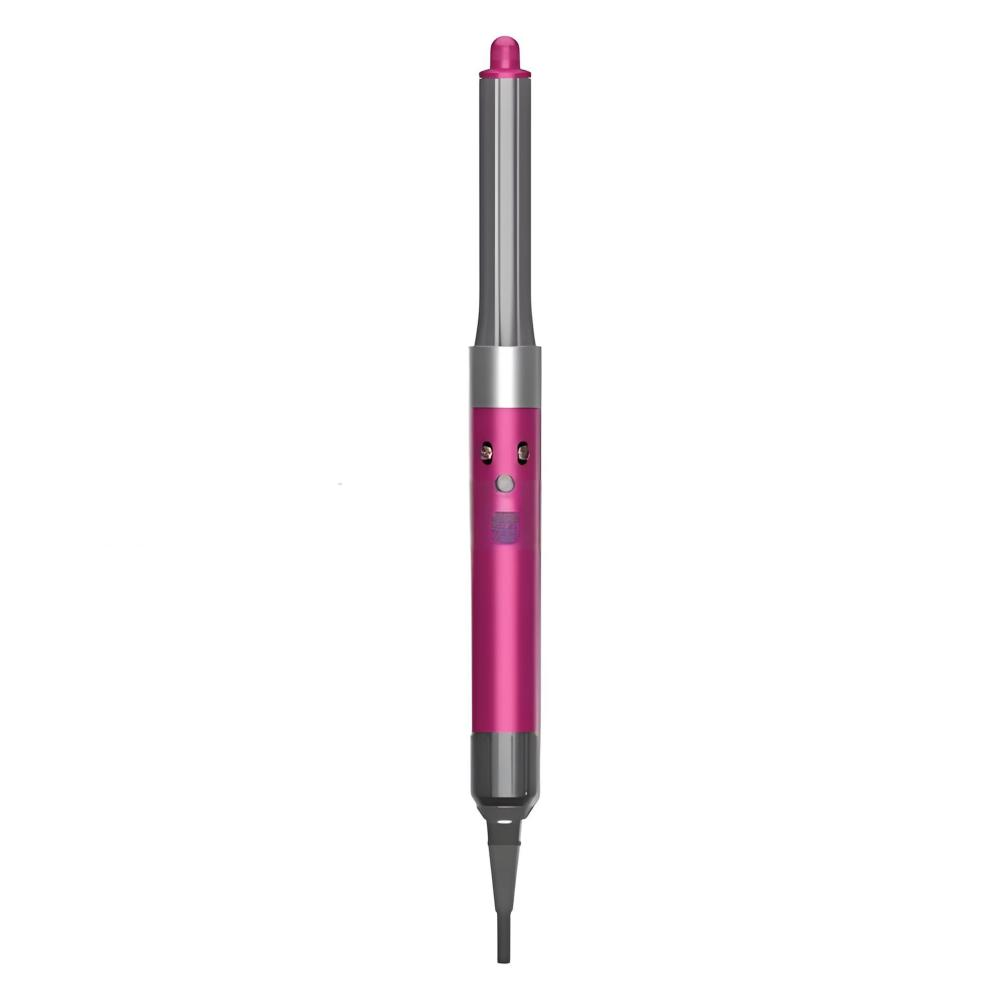 Ein rosa-silbernes Haarstyling-Gerät. Es hat ein langes, zylindrisches Design mit abgerundeter Spitze und Bedienfeld.