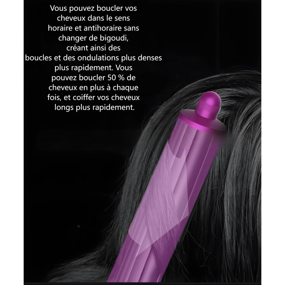 Ein lila Lockenstab in der Nähe von dunklem Haar. Französischer Text beschreibt die Vorteile: schnellere, dichtere Locken.