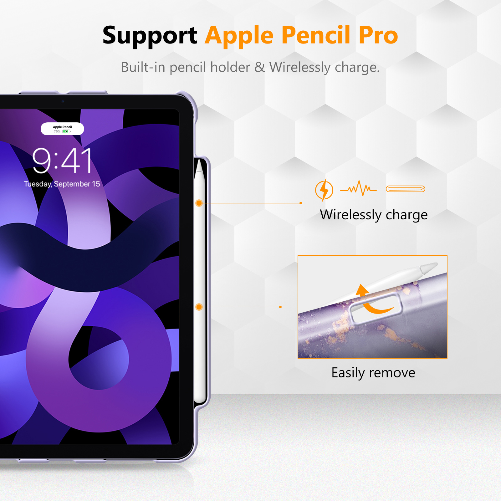 Ein iPad Pro mit Apple Pencil Pro-Unterstützung, Stifthalter und kabellosen Ladefunktionen, mit Text und Grafiken.
