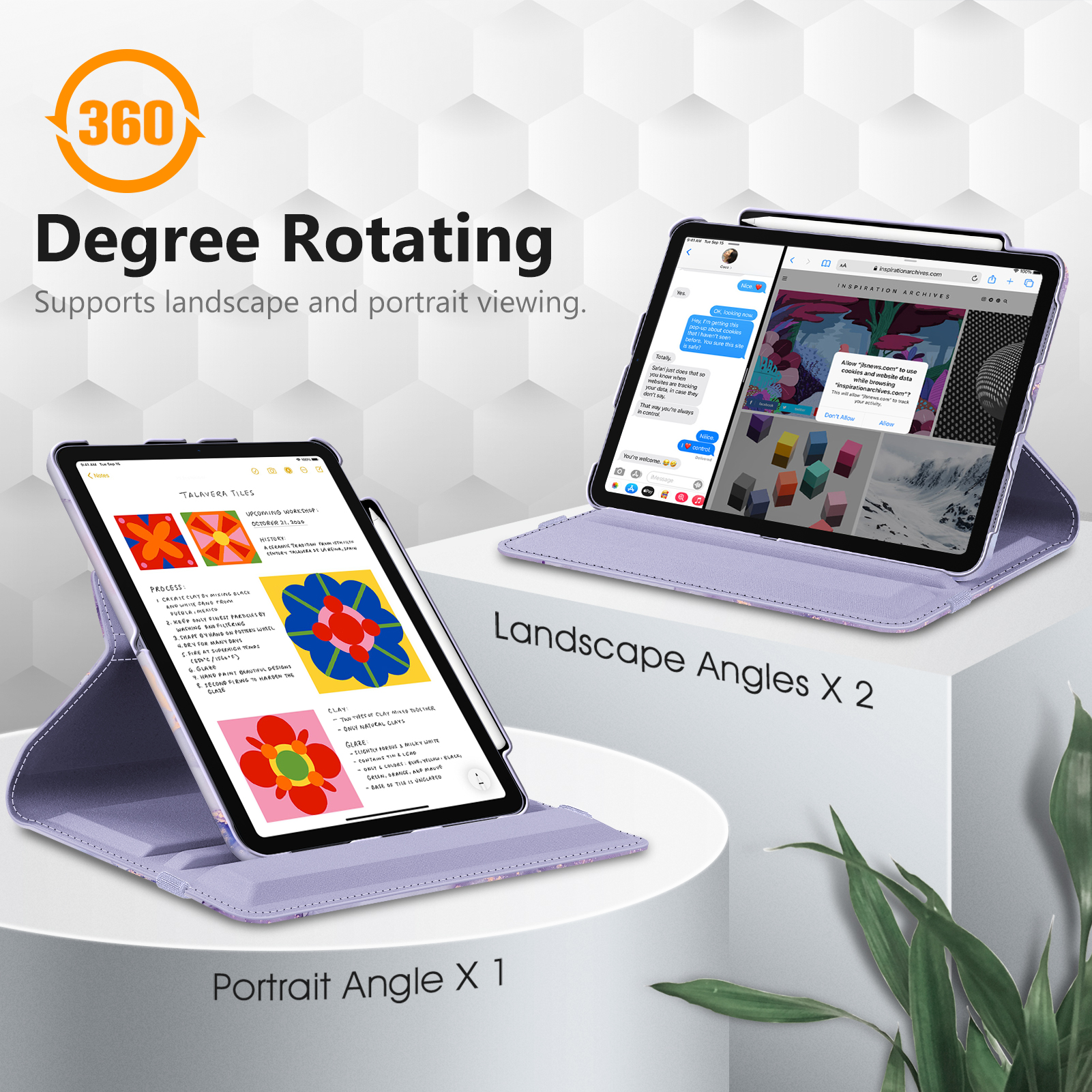 Tablets im Quer- und Hochformat. Text lautet 'Degree Rotating'. Ein Tablet zeigt Nachrichten, ein anderes Talavera-Fliesen.