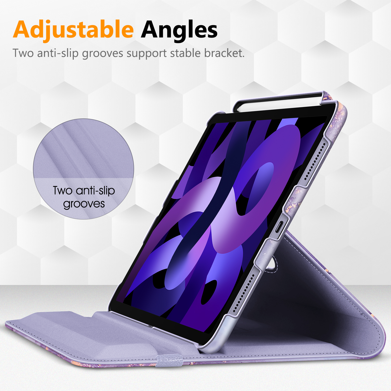 Ein iPad in einer lila Hülle mit verstellbarem Winkel. Die Hülle hat Anti-Rutsch-Rillen.