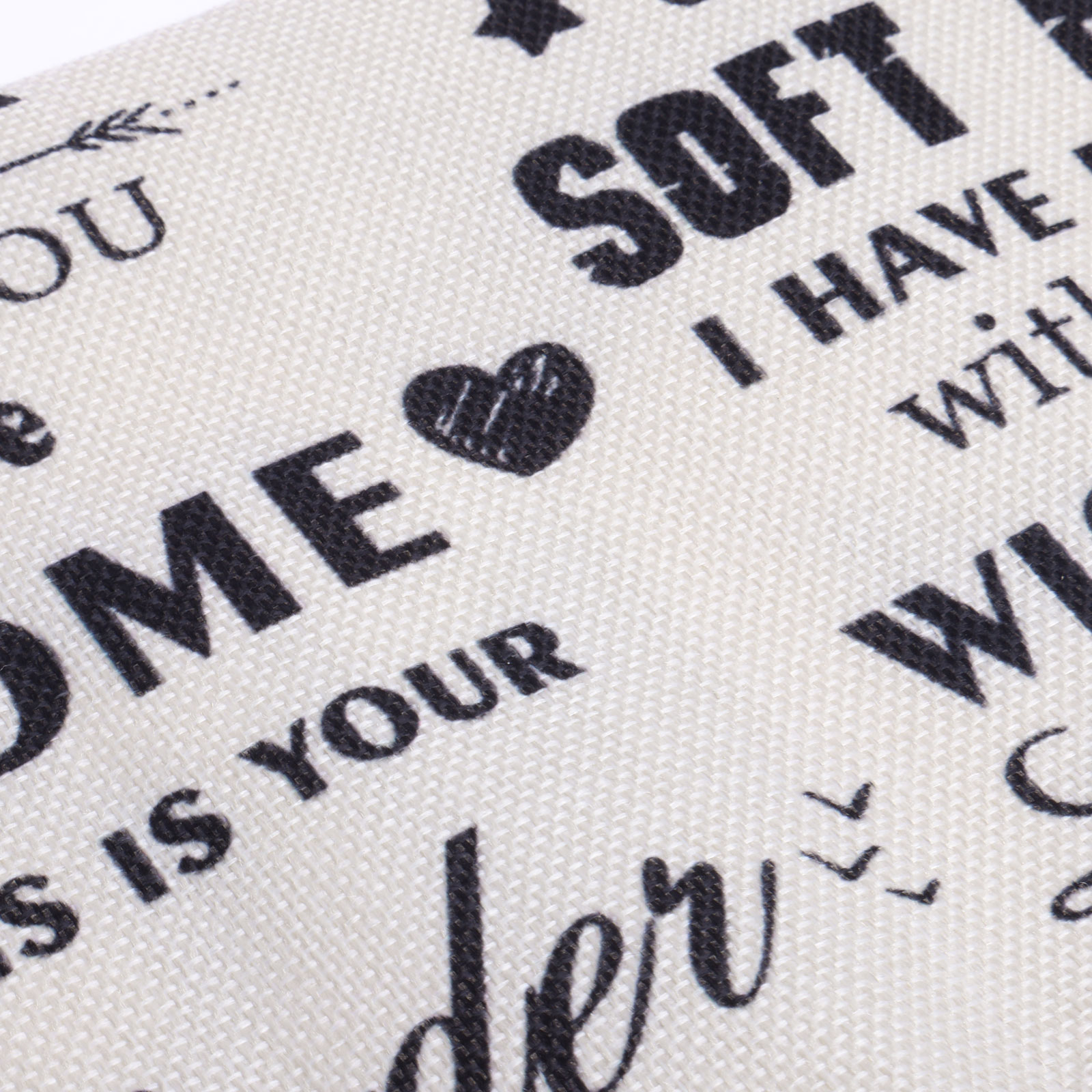 Nahaufnahme eines Stoffes mit schwarzem Text und Herz. Zu den Wörtern gehören 'SOFT', 'HOME' und 'wonder'. Der Hintergrund ist cremefarben.