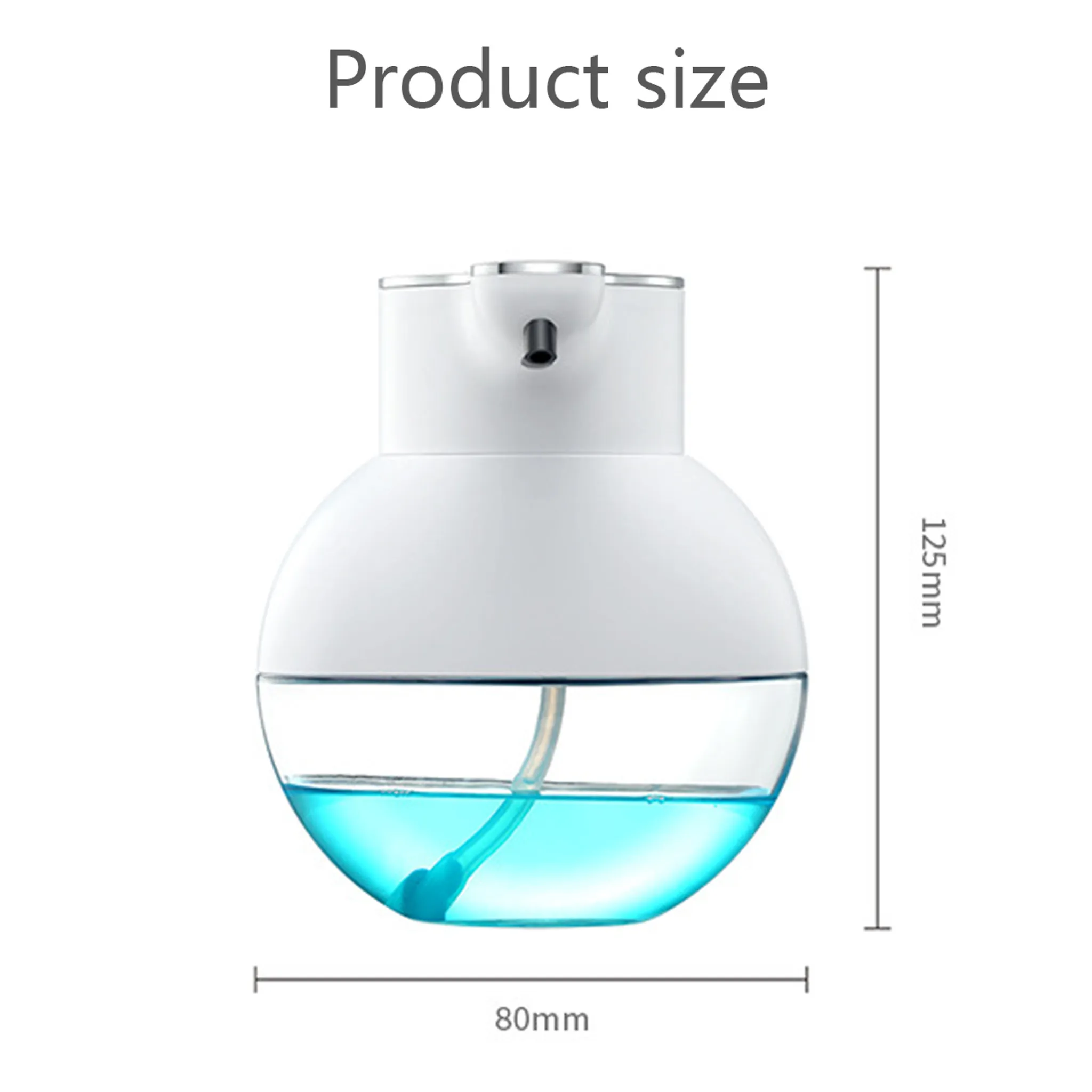 Ein weißer, automatischer Seifenspender mit blauer Flüssigkeit. Abmessungen: 125 mm hoch, 80 mm breit. Text: Produktgröße.