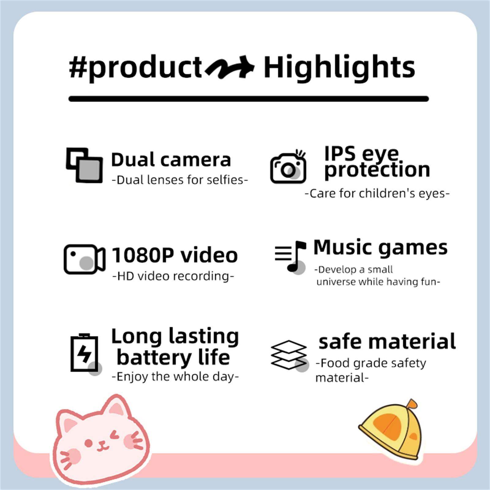 Das Bild zeigt Produkthighlights: Dualkamera, 1080P-Video, lange Akkulaufzeit, IPS-Augenschutz, Musikspiele und sicheres Material.