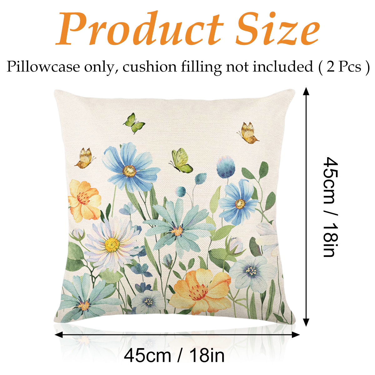 Kissenbezug mit Blumendesign. Blaue, gelbe und weiße Blumen mit grünen Blättern und Schmetterlingen. Text: Produktgröße.