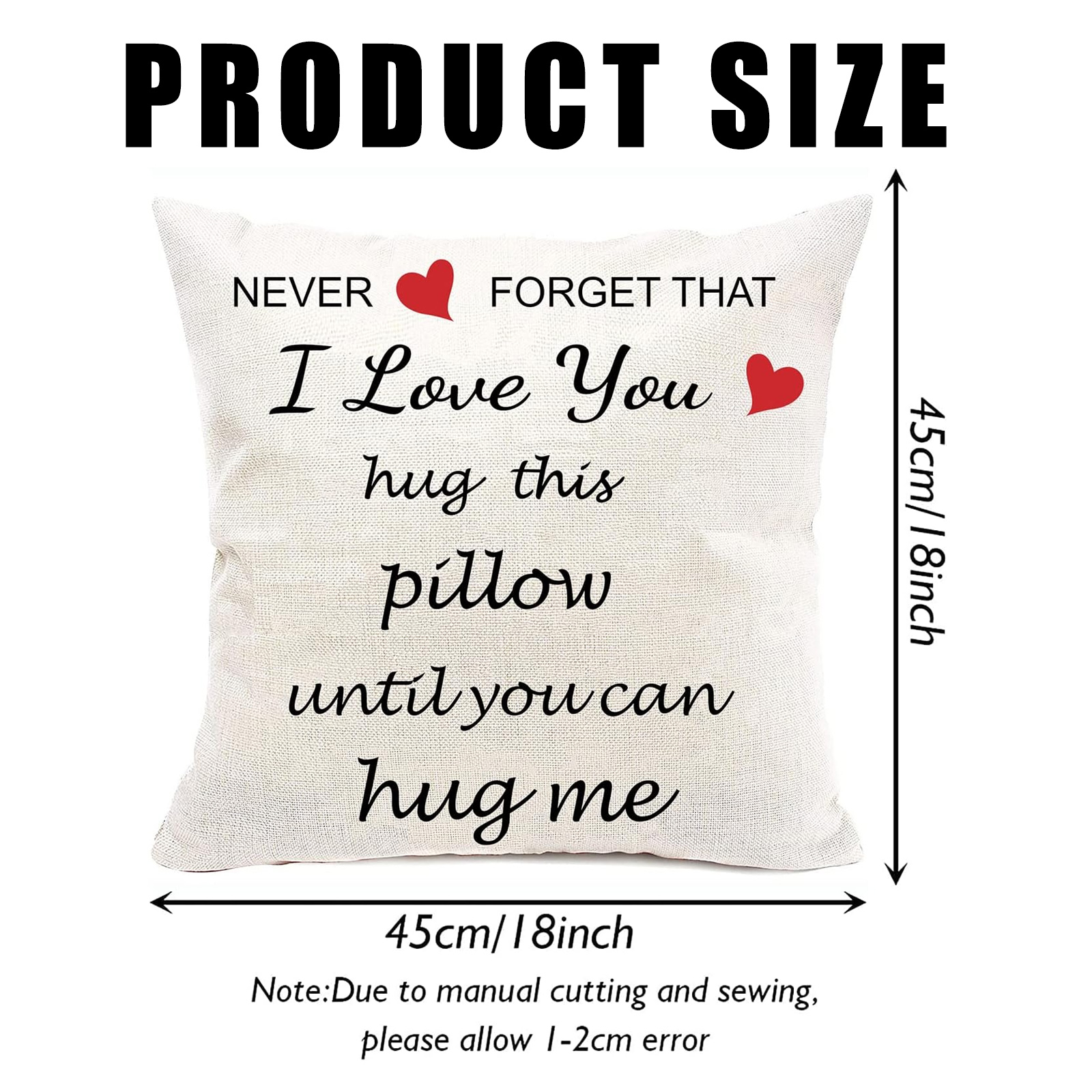 Weißes Kissen mit Text: Ich liebe dich, umarme dieses Kissen, bis du mich umarmen kannst. Rote Herzen. 45 cm/18 Zoll.