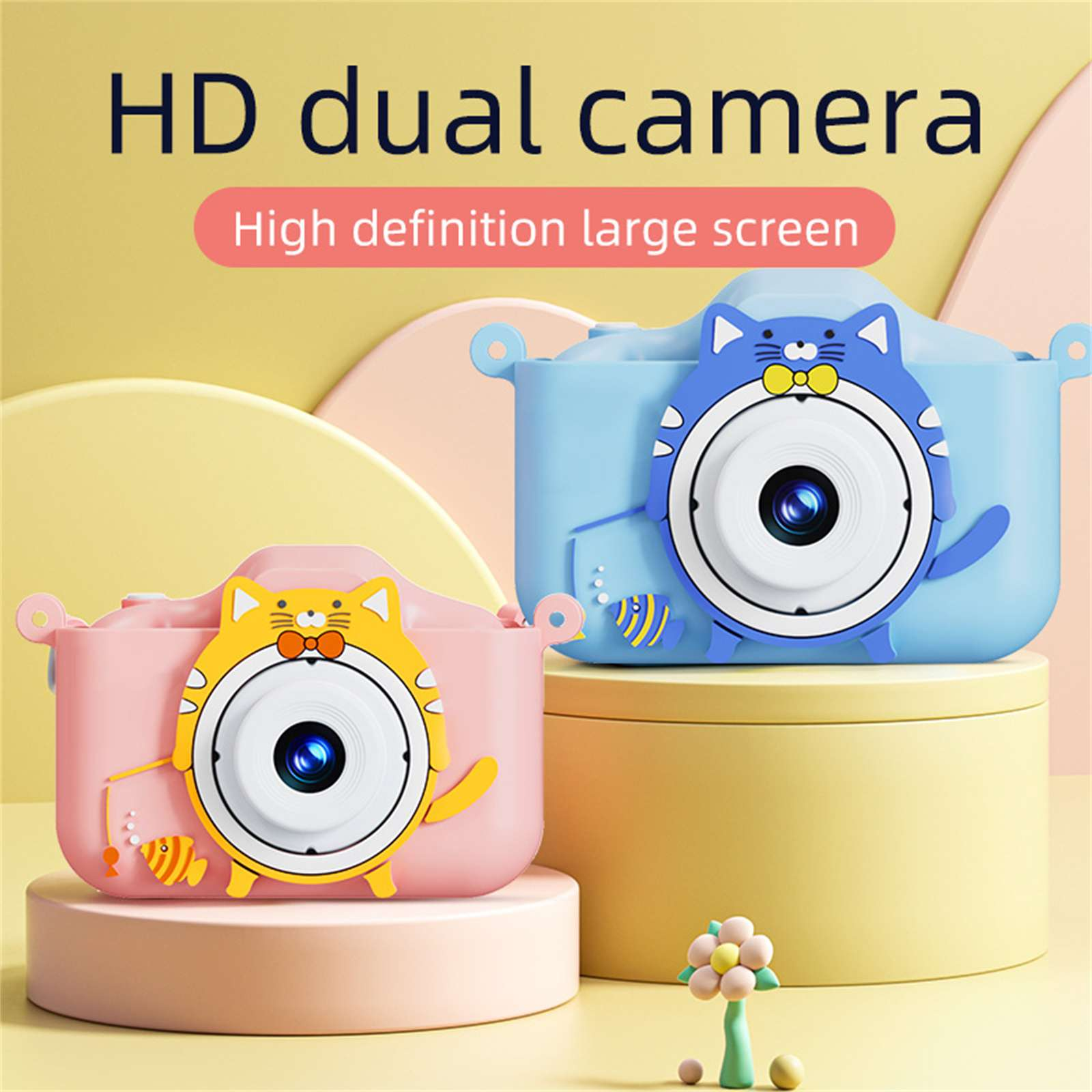 Zwei Spielzeugkameras, rosa und blau, katzenförmig. Gelber Hintergrund mit Text: HD Dual-Kamera, hochauflösender Großbildschirm.