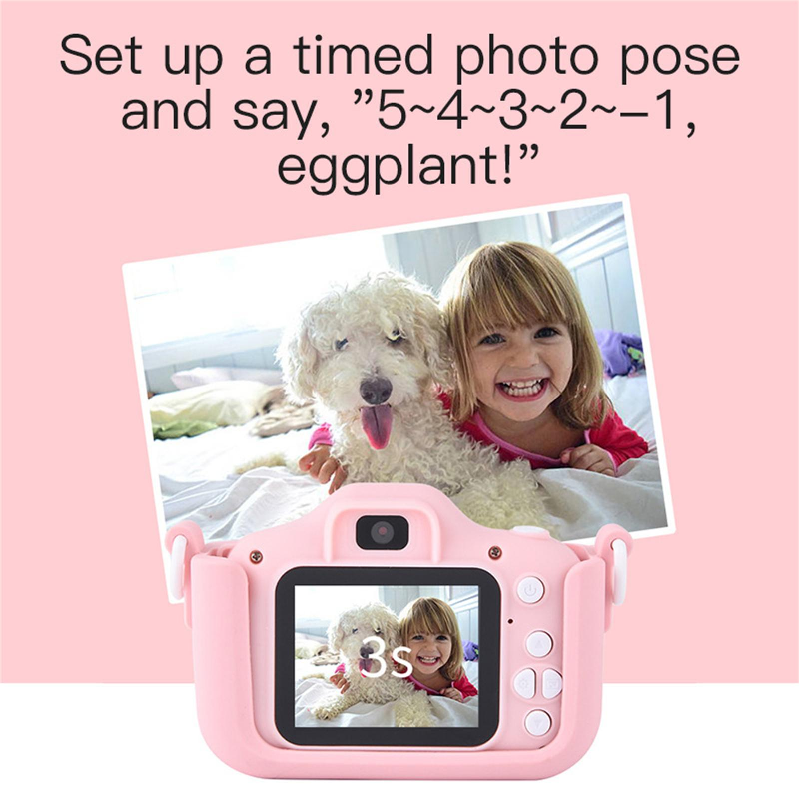 Eine rosa Kamera zeigt ein Mädchen und einen Hund. Text oben ermutigt, ein zeitgesteuertes Foto zu machen.