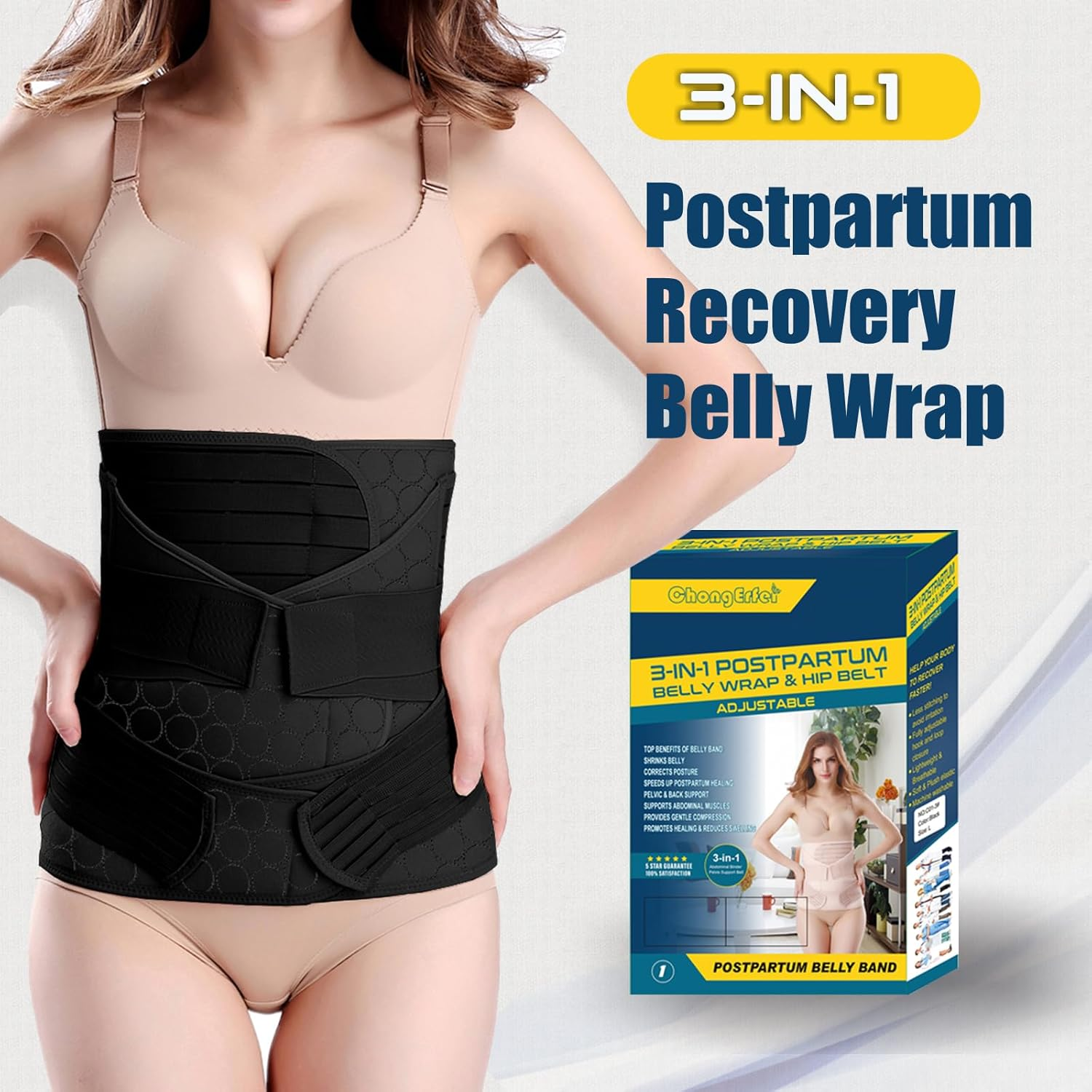 Eine Frau trägt eine schwarze Bauchbinde nach der Geburt. Eine Box mit Produktdetails befindet sich rechts.