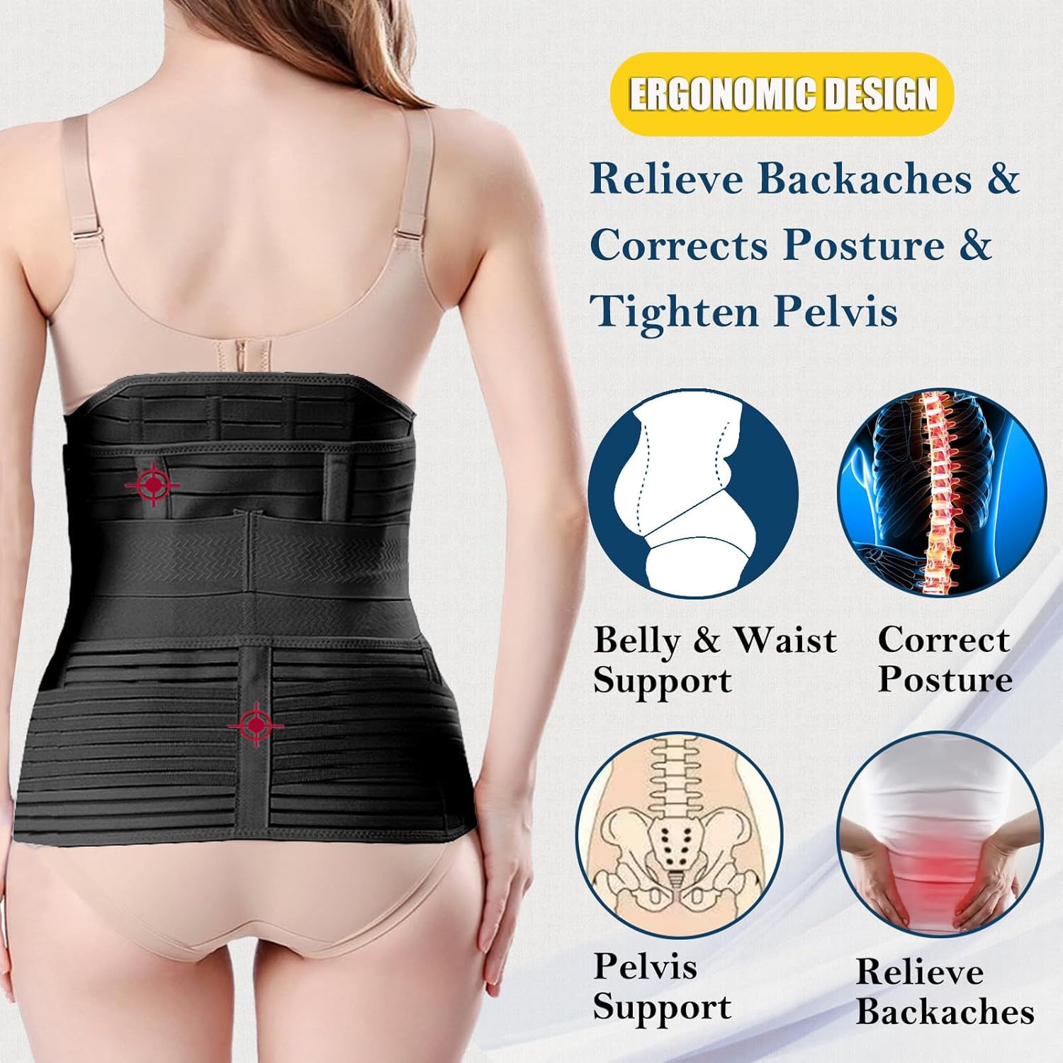 Eine Frau trägt eine Rückenstütze. Der Text hebt ergonomisches Design, Schmerzlinderung, Haltungskorrektur und Beckenstraffung hervor.