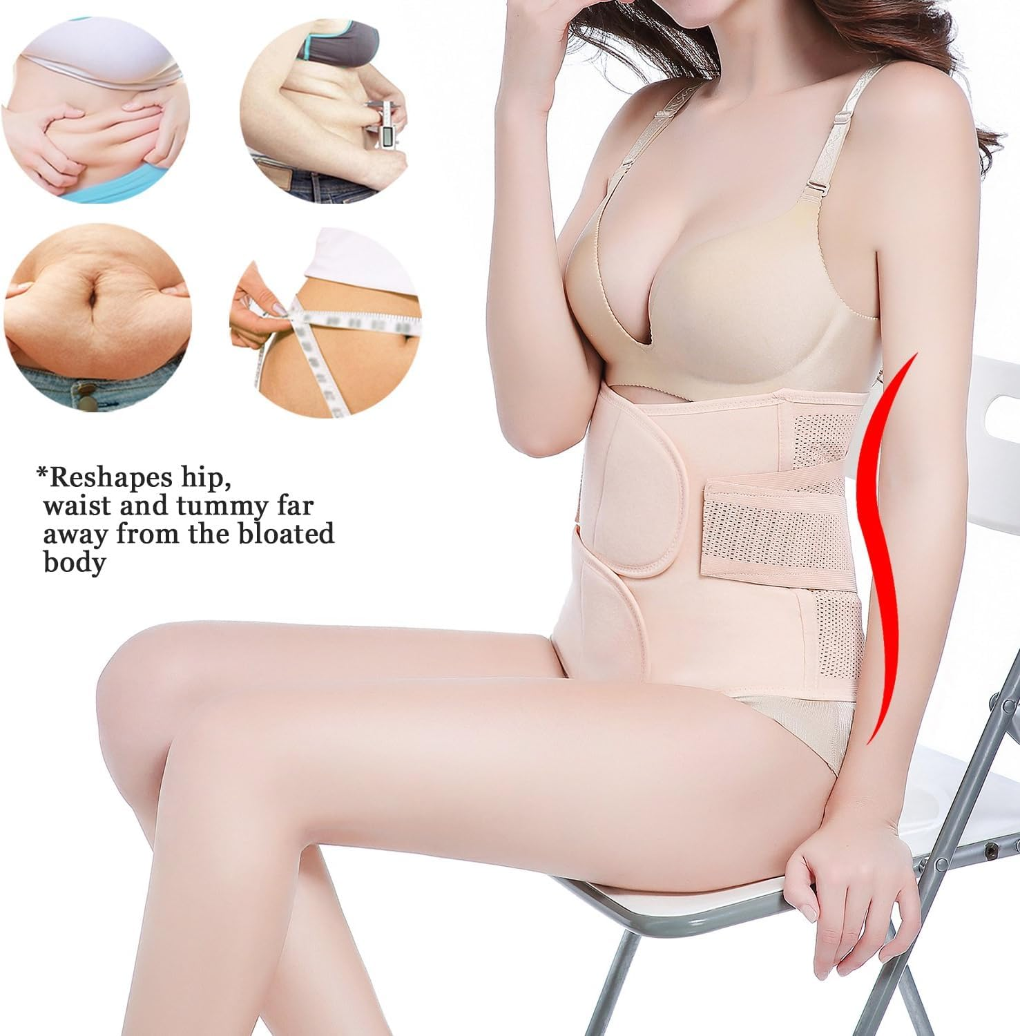 Frau trägt Shapewear in Beige. Kleine Bilder zeigen Vorher-Nachher-Bauchaufnahmen. Rote Linie zeigt Körperformverbesserung.