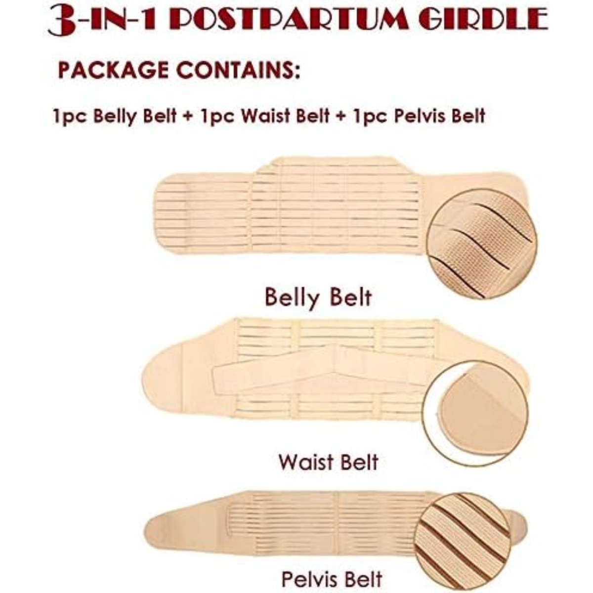 Das Bild zeigt ein 3-in-1-Wochenbett-Gürtel-Set. Es enthält einen Bauchgurt, einen Taillengürtel und einen Beckengürtel, alle beige.