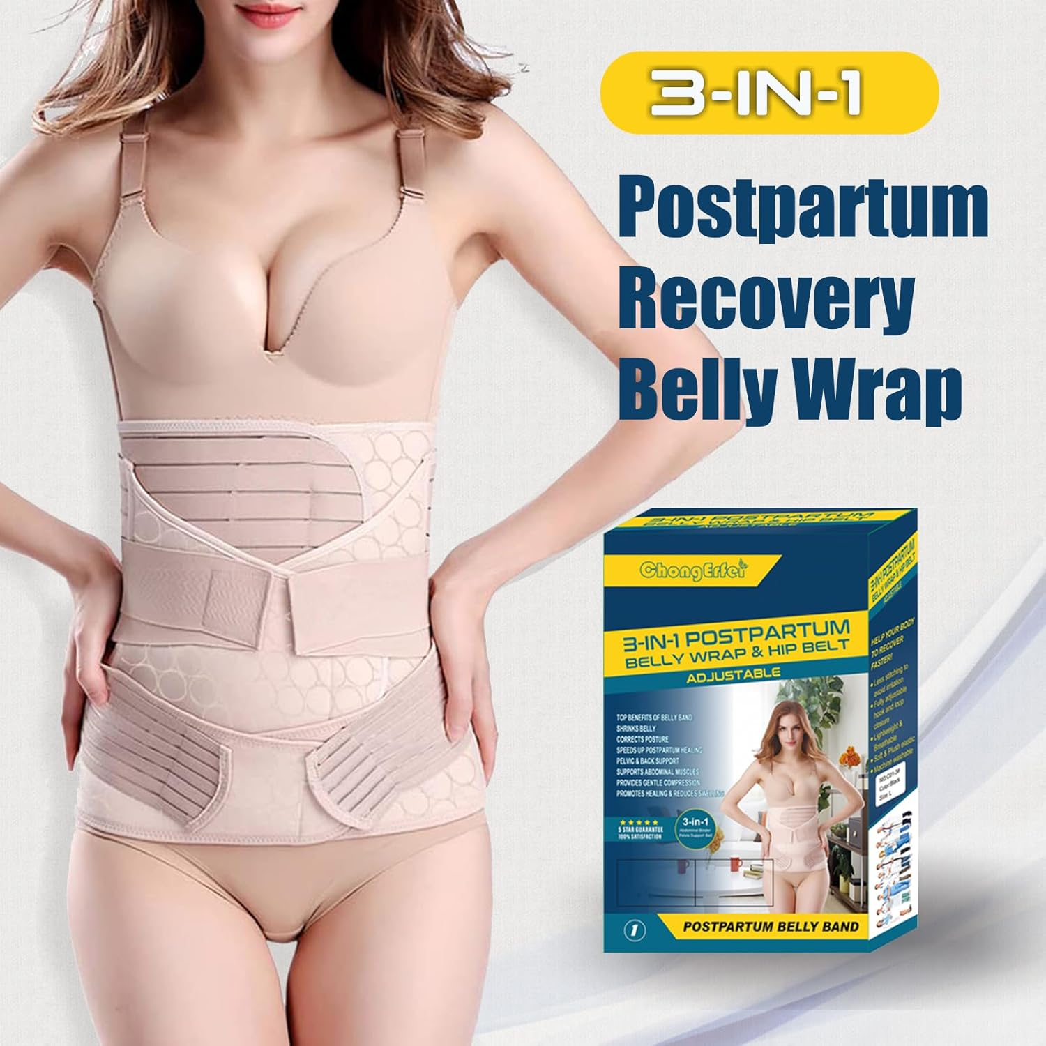 Eine Frau trägt eine beige Wochenbettbauchbinde. Rechts ist eine Box mit Produktdetails. Text: 3-in-1 Postpartale Erholung Bauchwickel.