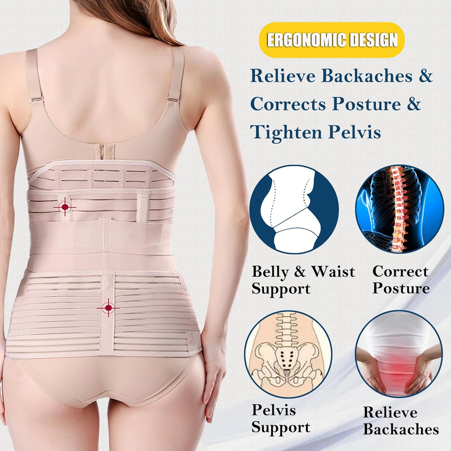 Eine Frau trägt ein beiges Stützgewand. Der Text hebt ergonomisches Design, lindert Rückenschmerzen, korrigiert die Haltung und strafft das Becken hervor.
