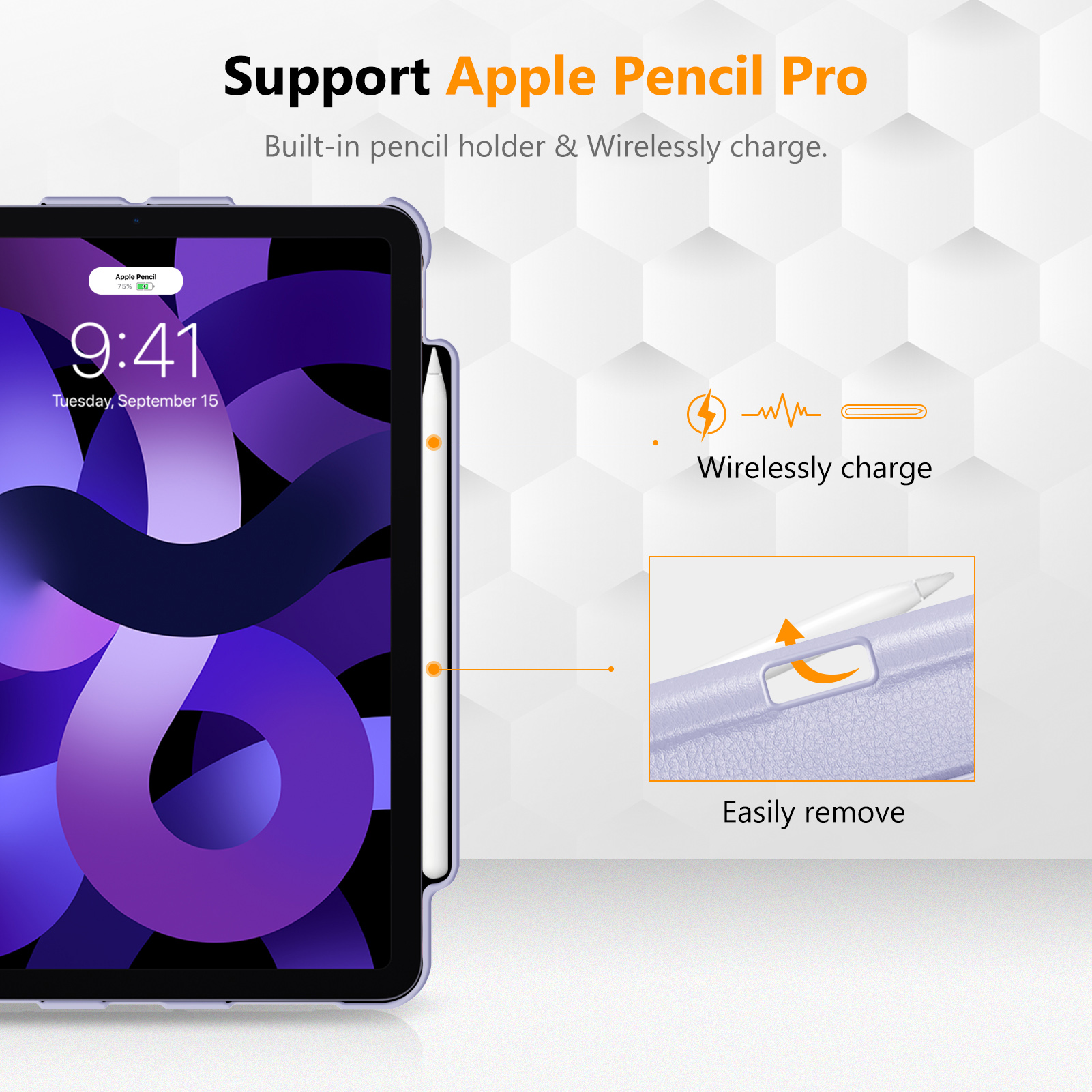Ein iPad mit Stift in einem Gehäuse. Text: Unterstützung Apple Pencil Pro, integrierter Halter, kabelloses Laden.