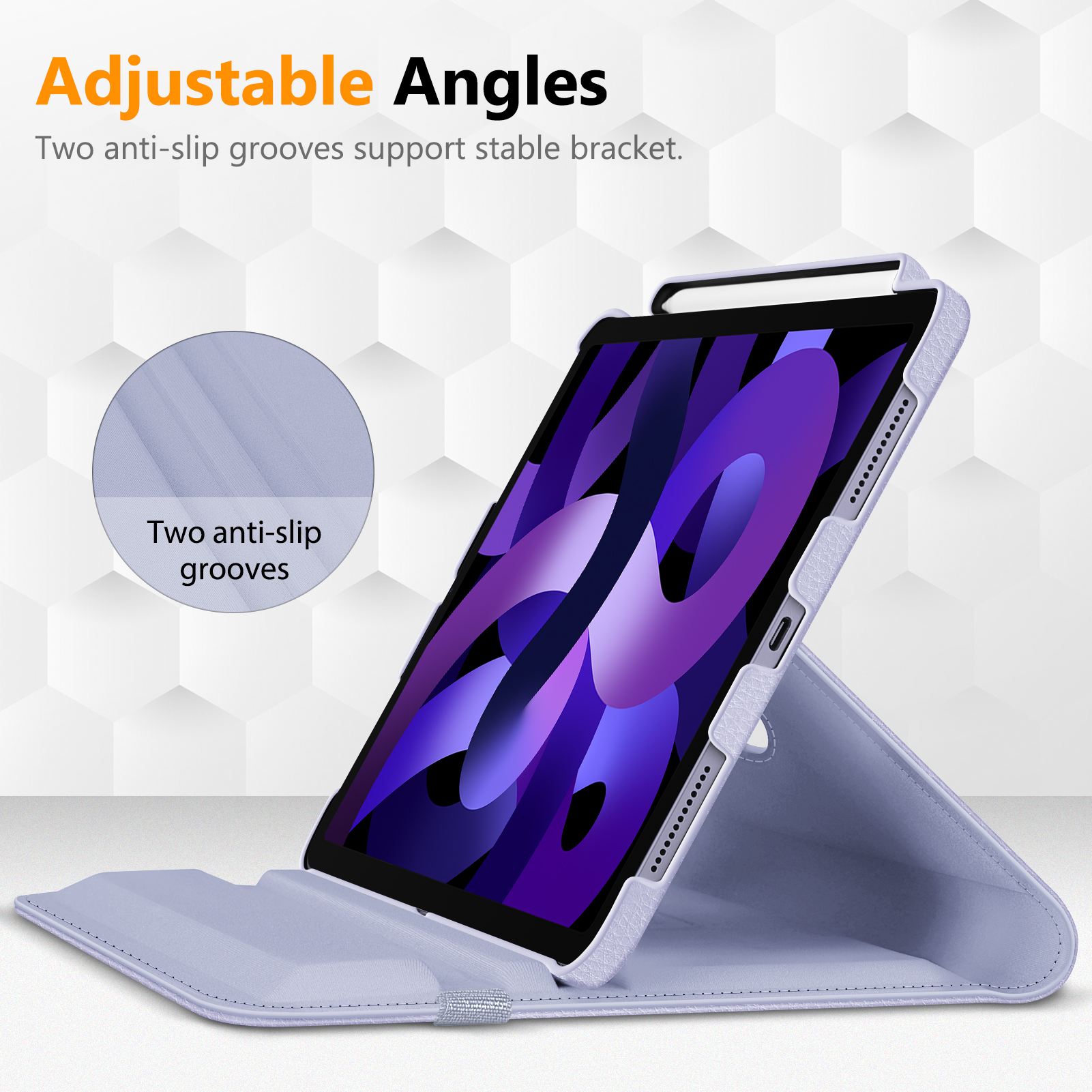Ein iPad in einer lila Hülle ist hochgestellt. Die Hülle ist hellviolett und der Bildschirm zeigt ein lila Bild.