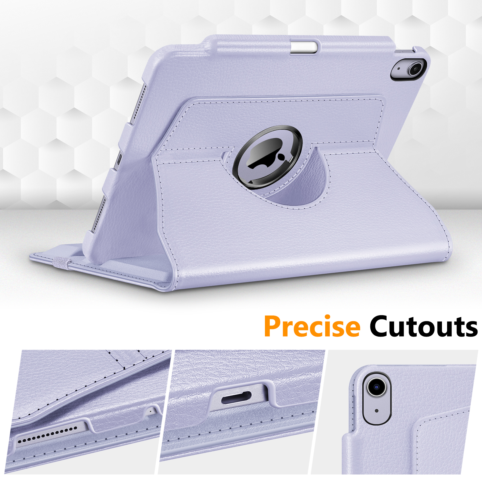 Eine lavendelfarbene Tablethülle mit präzisen Aussparungen für ein iPad. Sie verfügt über einen drehbaren Ständer und eine strukturierte Oberfläche.