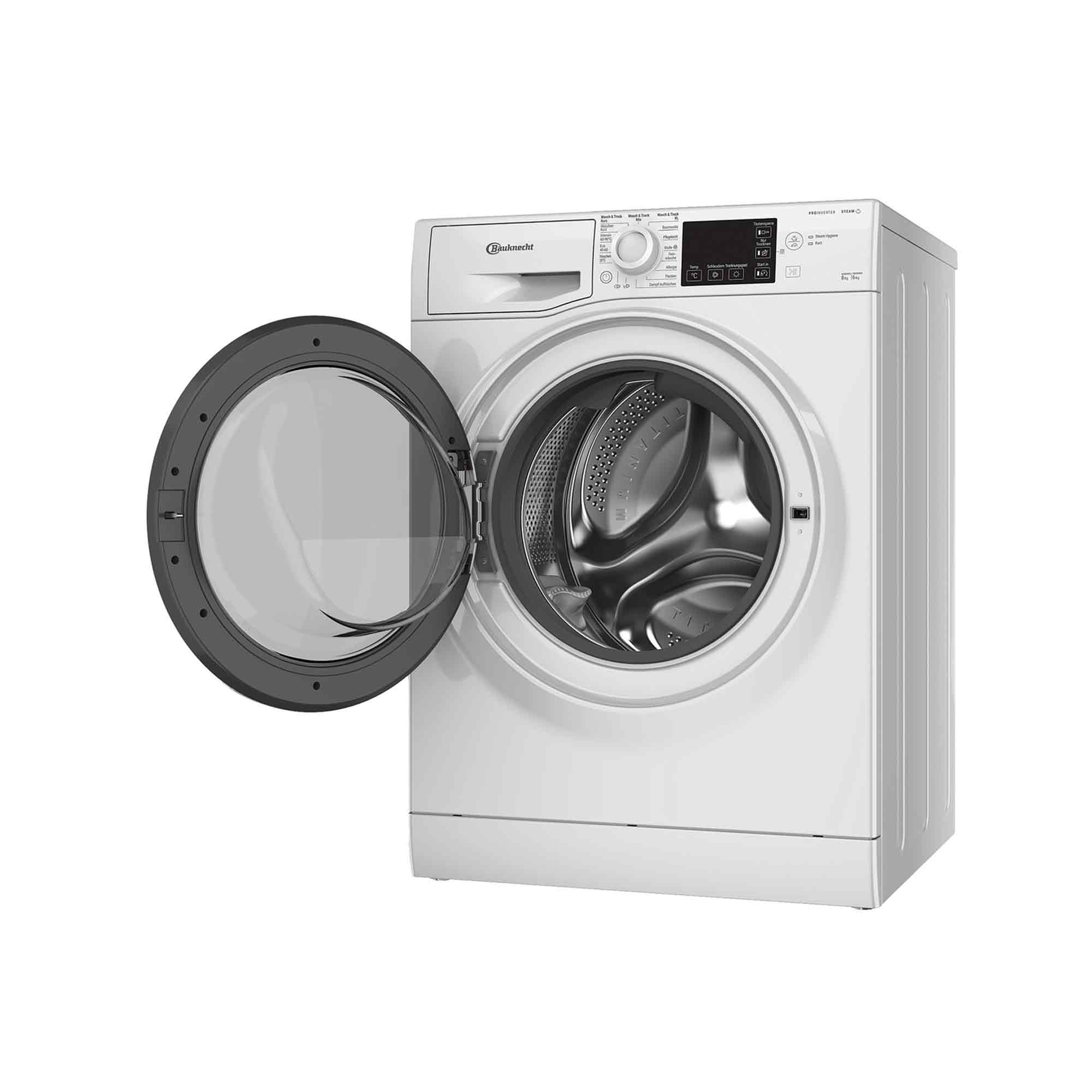 Eine weiße Bauknecht Waschmaschine mit geöffneter Tür. Die Tür hat einen dunkelgrauen Rahmen und ein Glasfenster.