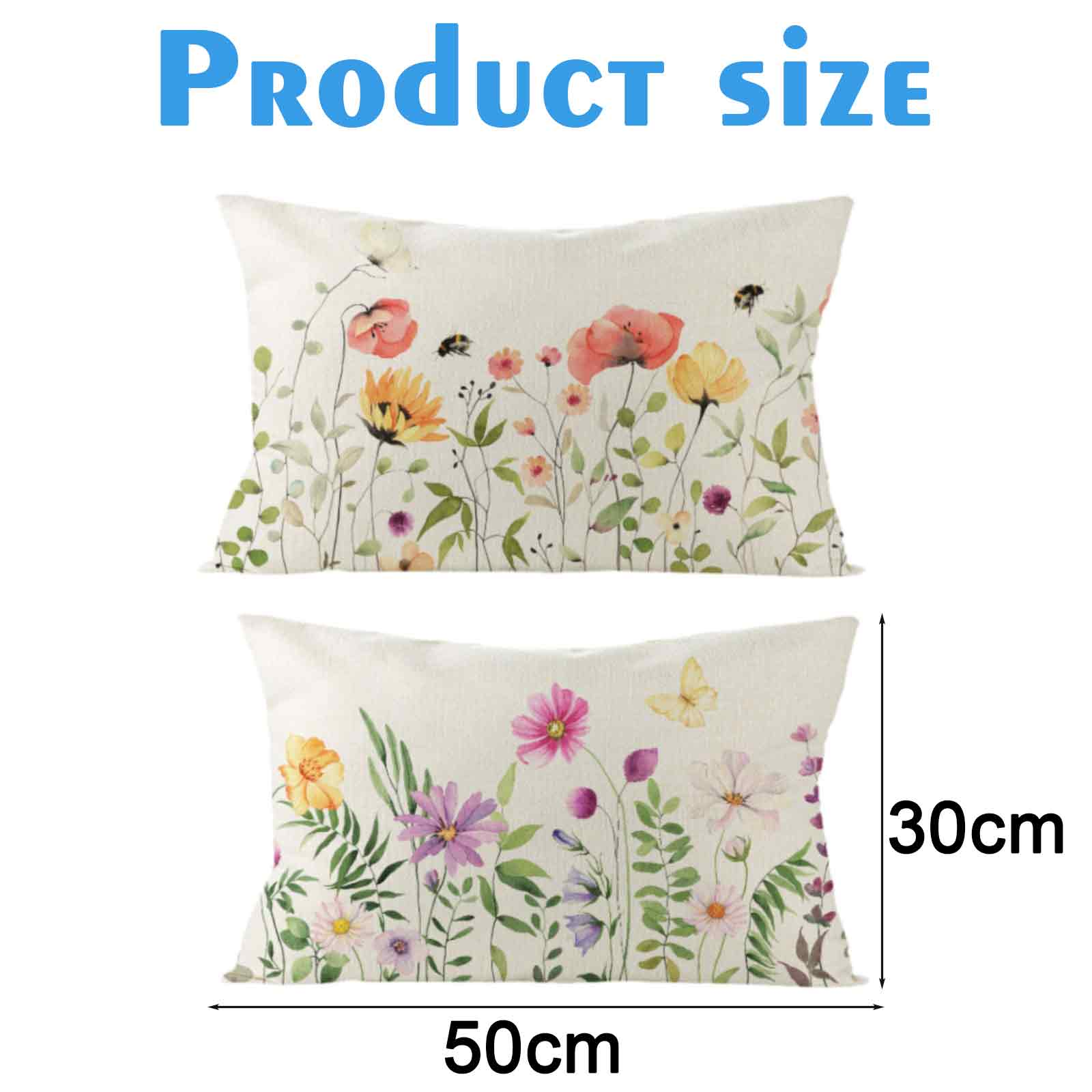 Zwei rechteckige Kissen mit Blumenmustern. Maße: 50 cm x 30 cm. Der Text oben lautet 'Produktgröße'.
