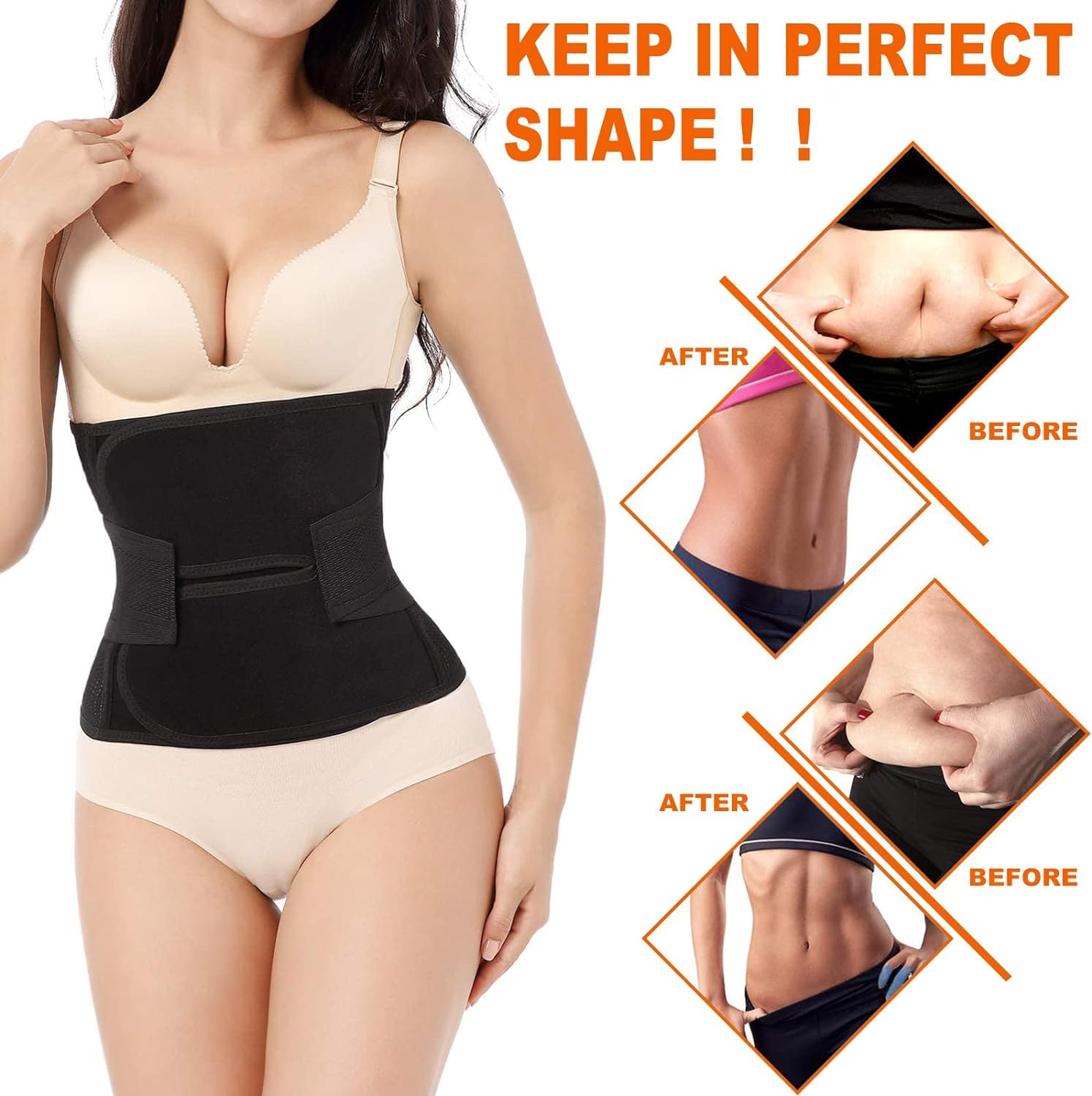 Eine Frau trägt Shapewear, mit Vergleichsbildern, die 'Vorher'- und 'Nachher'-Körperformen zeigen, um die Körperkonturierung zu fördern.