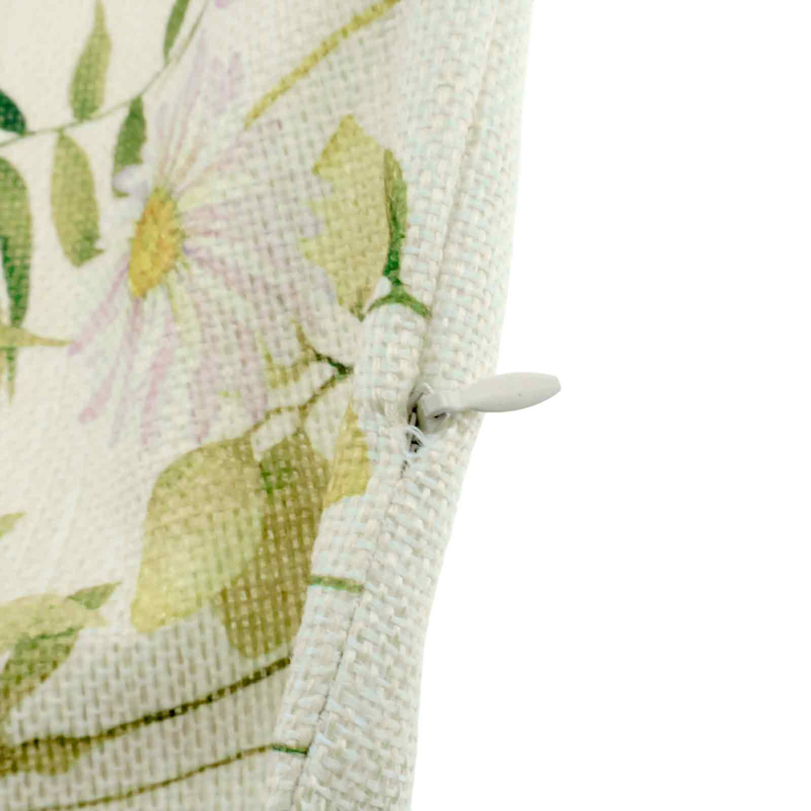 Nahaufnahme eines Stoffes mit floralem Muster und Reißverschluss. Weißer Hintergrund mit Blumen und Blättern.
