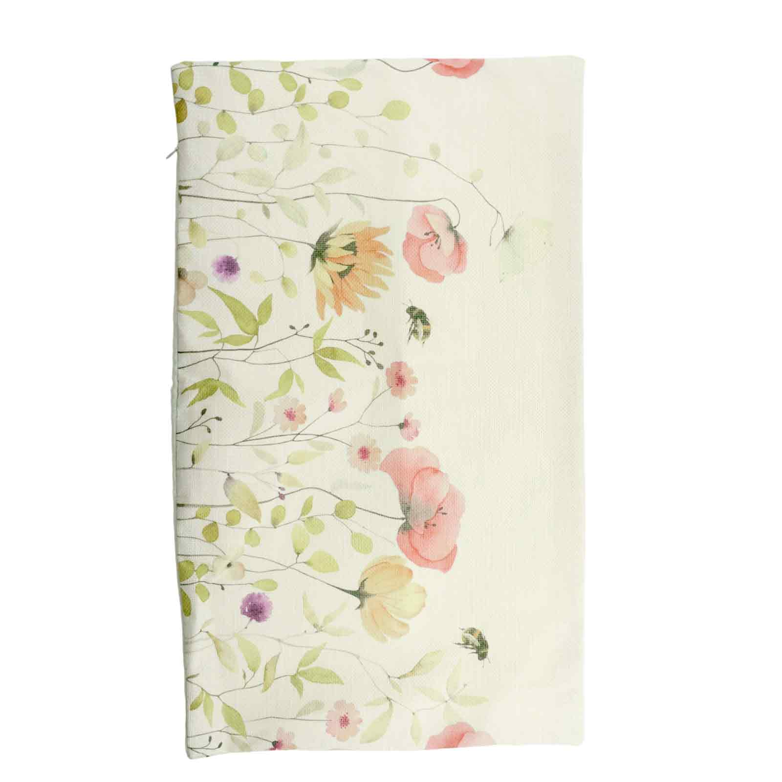 Ein Blumendesign mit rosa, gelben und lila Blumen auf cremefarbenem Hintergrund. Grüne Blätter und Stiele sind ebenfalls vorhanden.