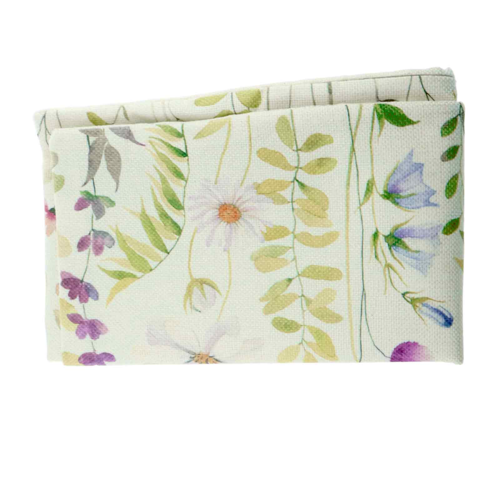 Gefalteter Stoff mit Blumendesign. Mit Blumen und Blättern in Lila, Weiß und Grün auf cremefarbenem Hintergrund.