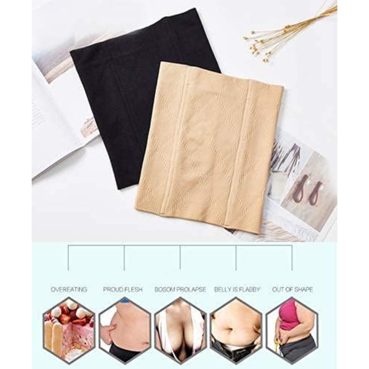 Zwei Shapewear-Kleidungsstücke, eines schwarz und eines beige, werden gezeigt. Darunter zeigen Bilder Körperprobleme wie Überessen und schlaffen Bauch.